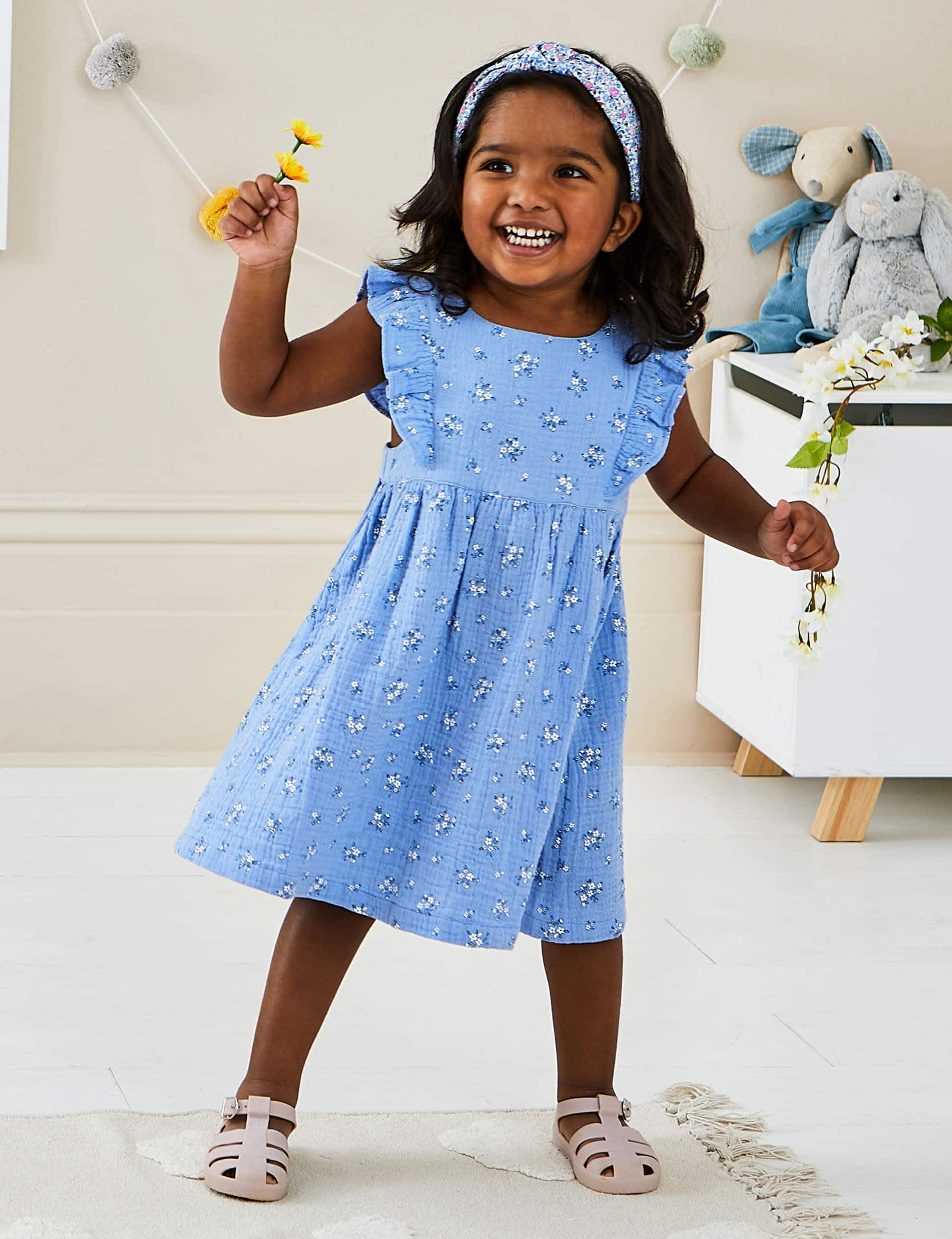 Jojo Maman Bb Girls Pure Cotton Floral Dress & Hat Outfit (0-7 Yrs) - 3-6M - Blue Mix, Blue Mix