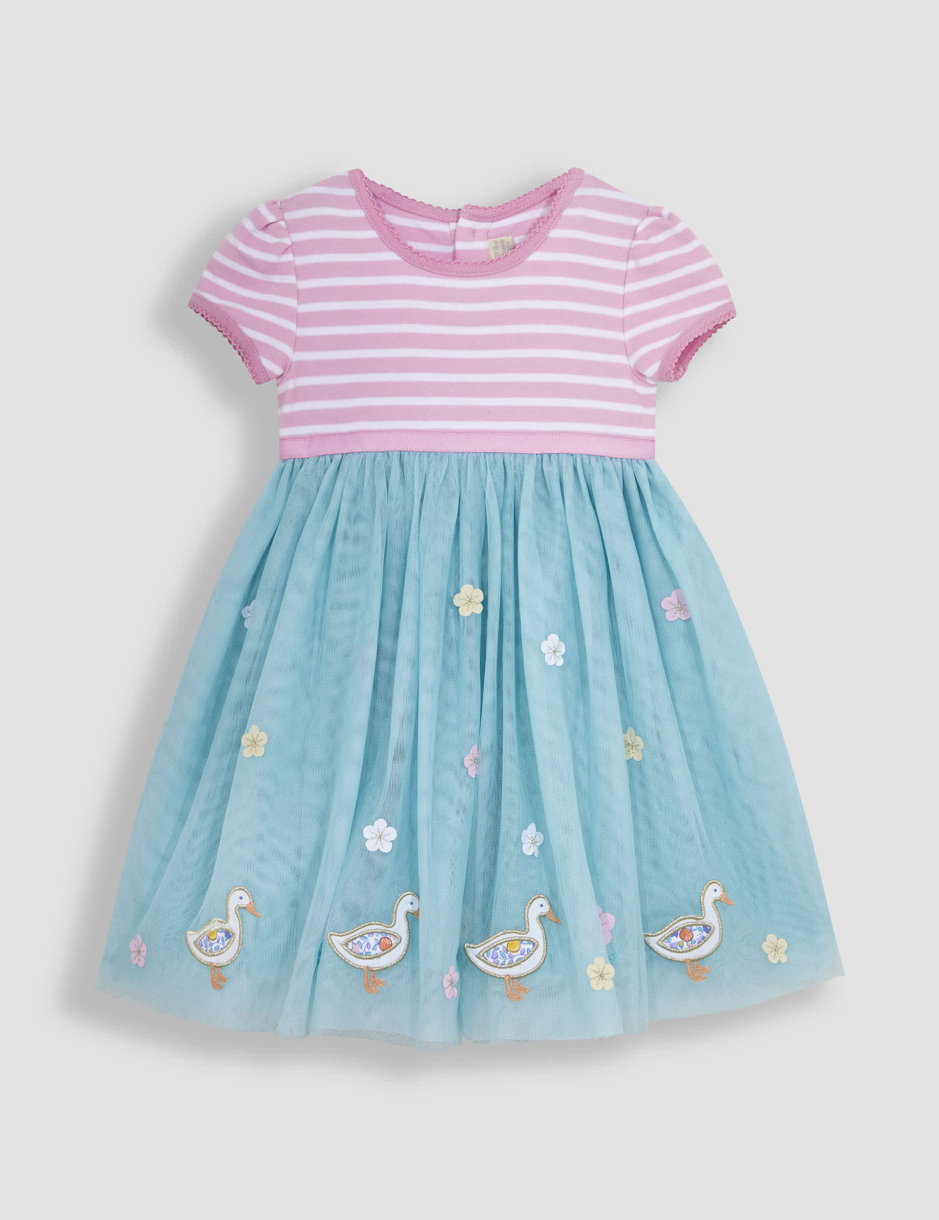 Jojo Maman Bb Girls Tulle Striped Duck Dress (6 Mths-7 Yrs) - 6-12M - Teal Mix, Teal Mix