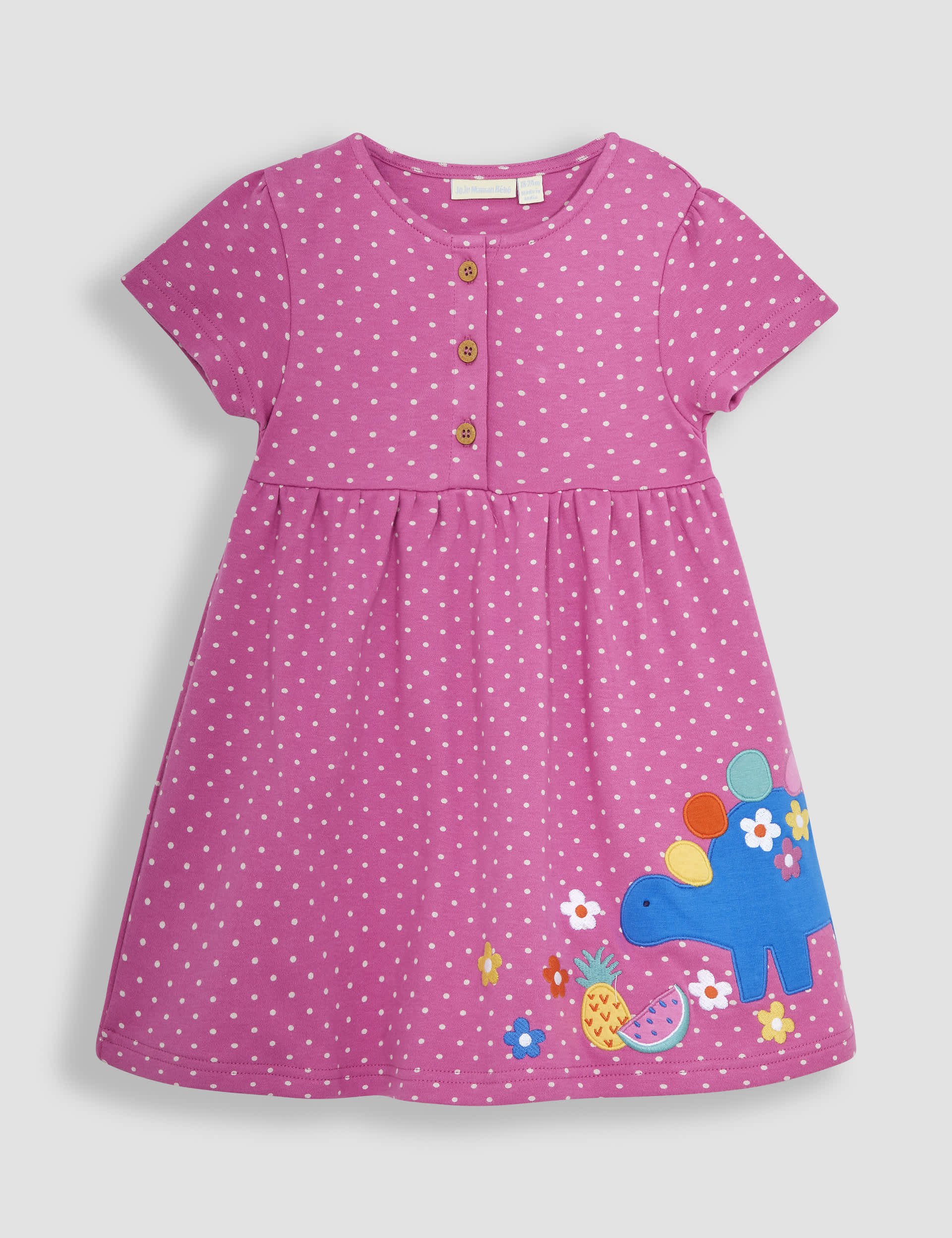 Jojo Maman Bb Girls Pure Cotton Dinosaur Spotted Dress (6 Mths-5 Yrs) - 4-5 Y - Fuchsia Mix, Fuchs