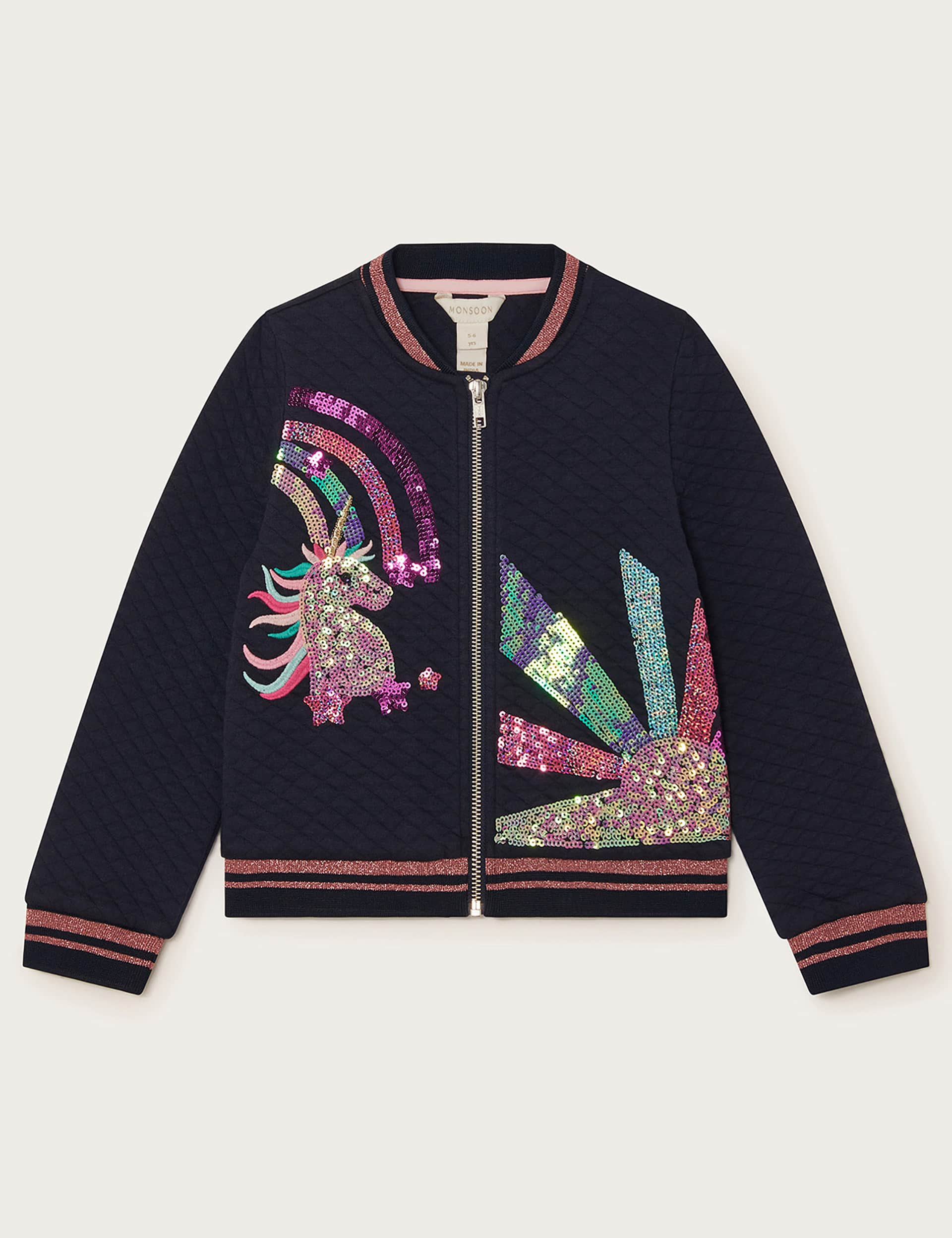 Monsoon Girls Cotton Rich Sequin Unicorn Bomber (5-15 Yrs) - 14-15 - Navy Mix, Navy Mix