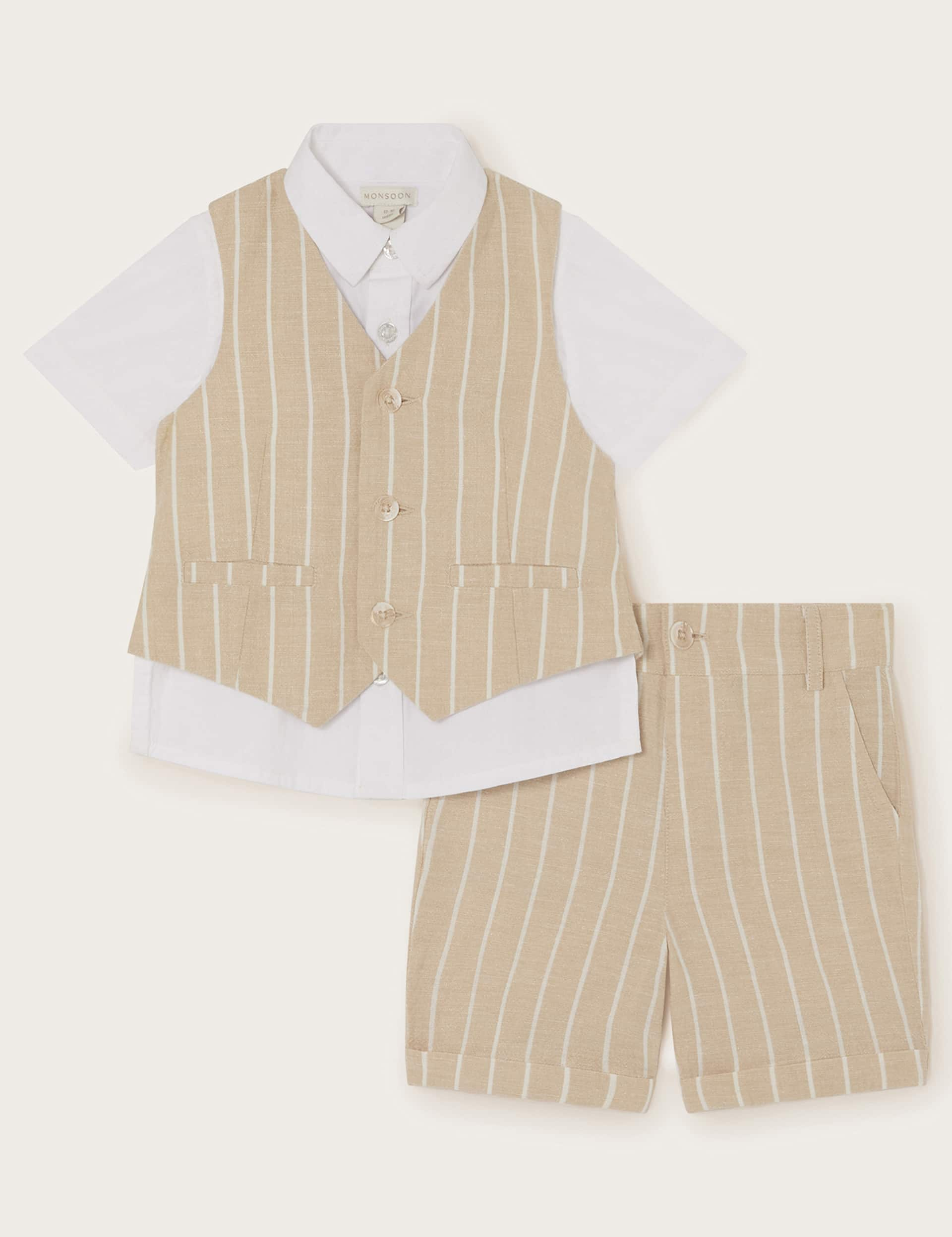 Monsoon Boys 3pc Cotton Rich Striped Outfit (6 Mths-11 Yrs) - 4 - Beige Mix, Beige Mix