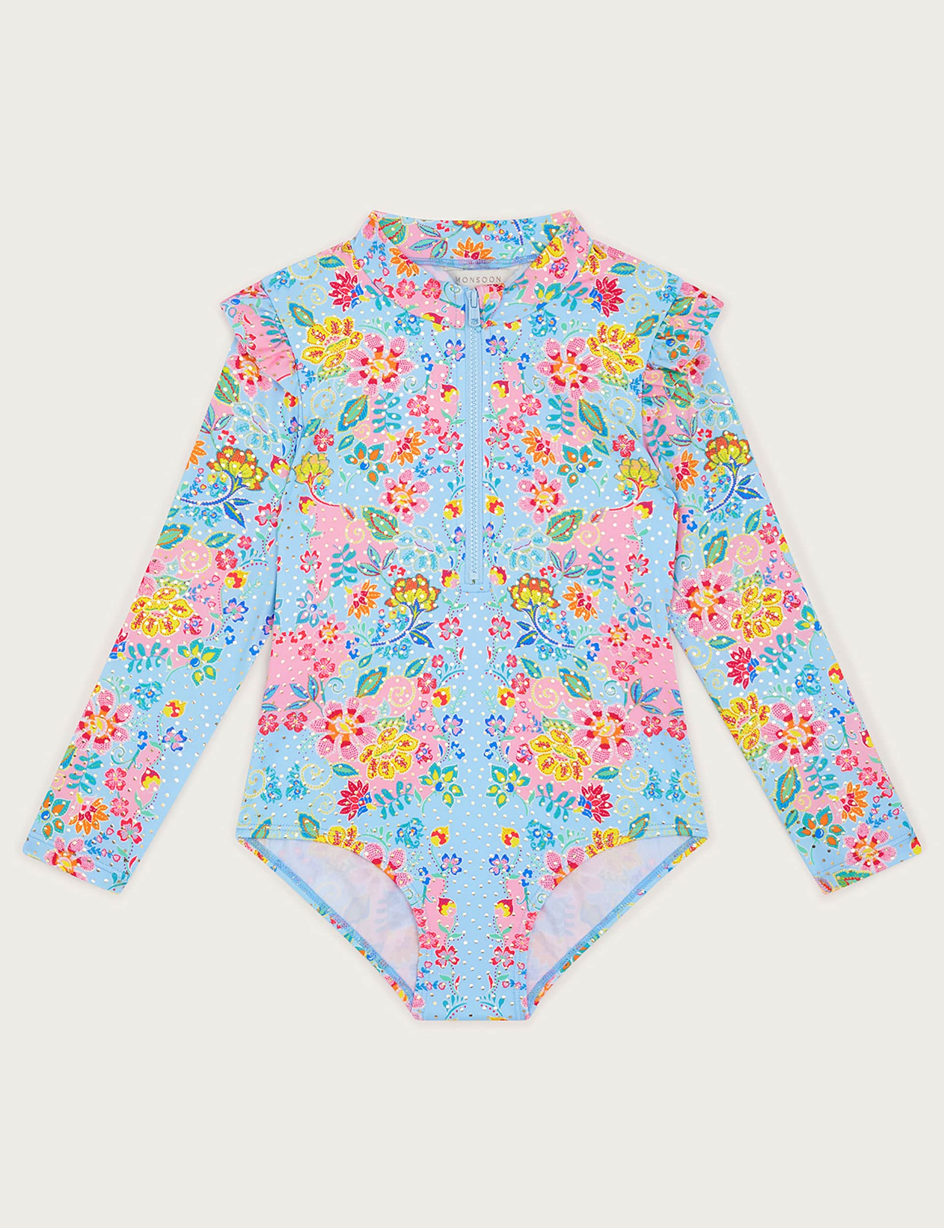 Monsoon Girls Floral Long Sleeve Swimsuit (3-13 Yrs) - 3-4 Y - Blue Mix, Blue Mix