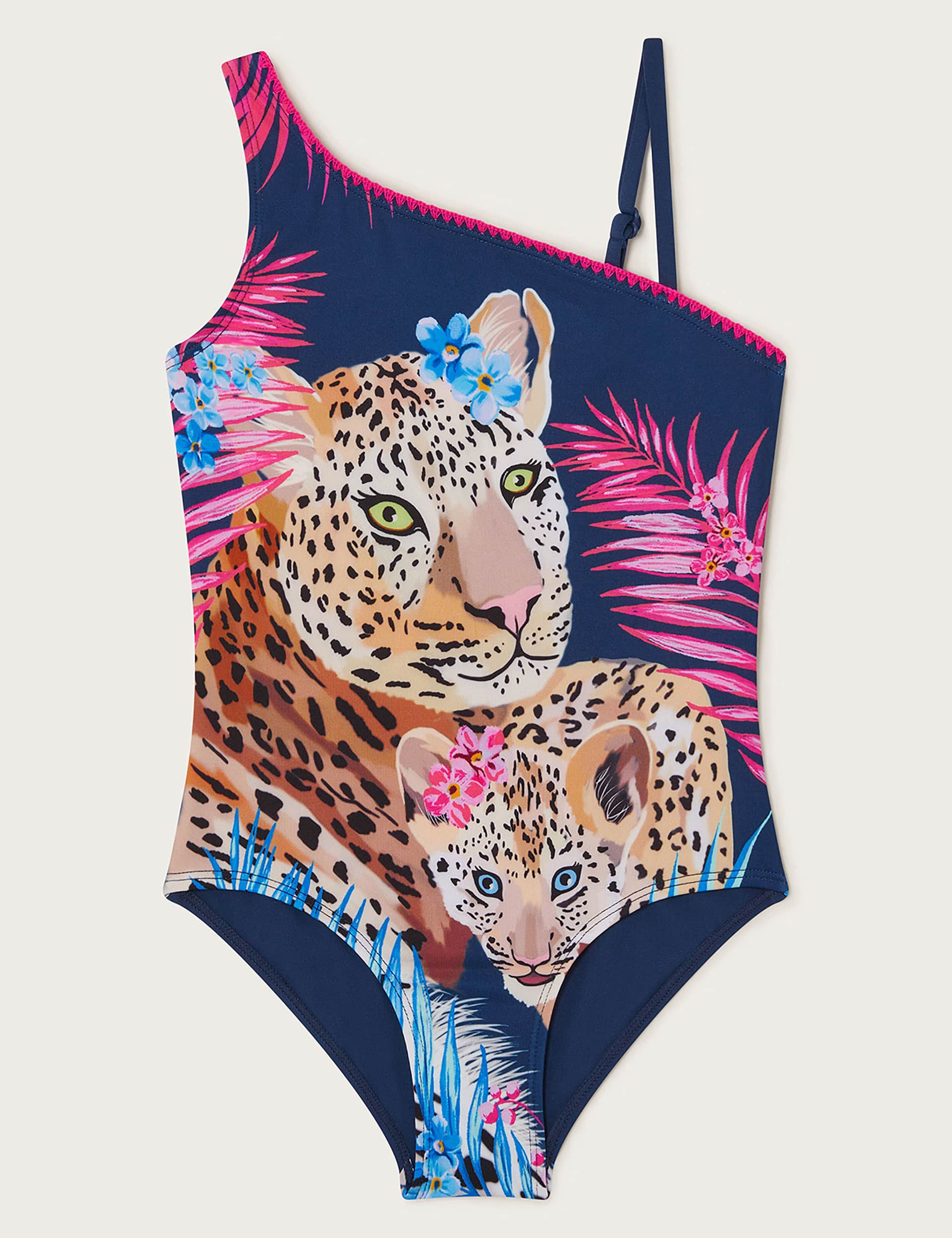 Monsoon Girls Leopard One Shoulder Swimsuit (3-15 Yrs) - 7-8 Y - Navy Mix, Navy Mix