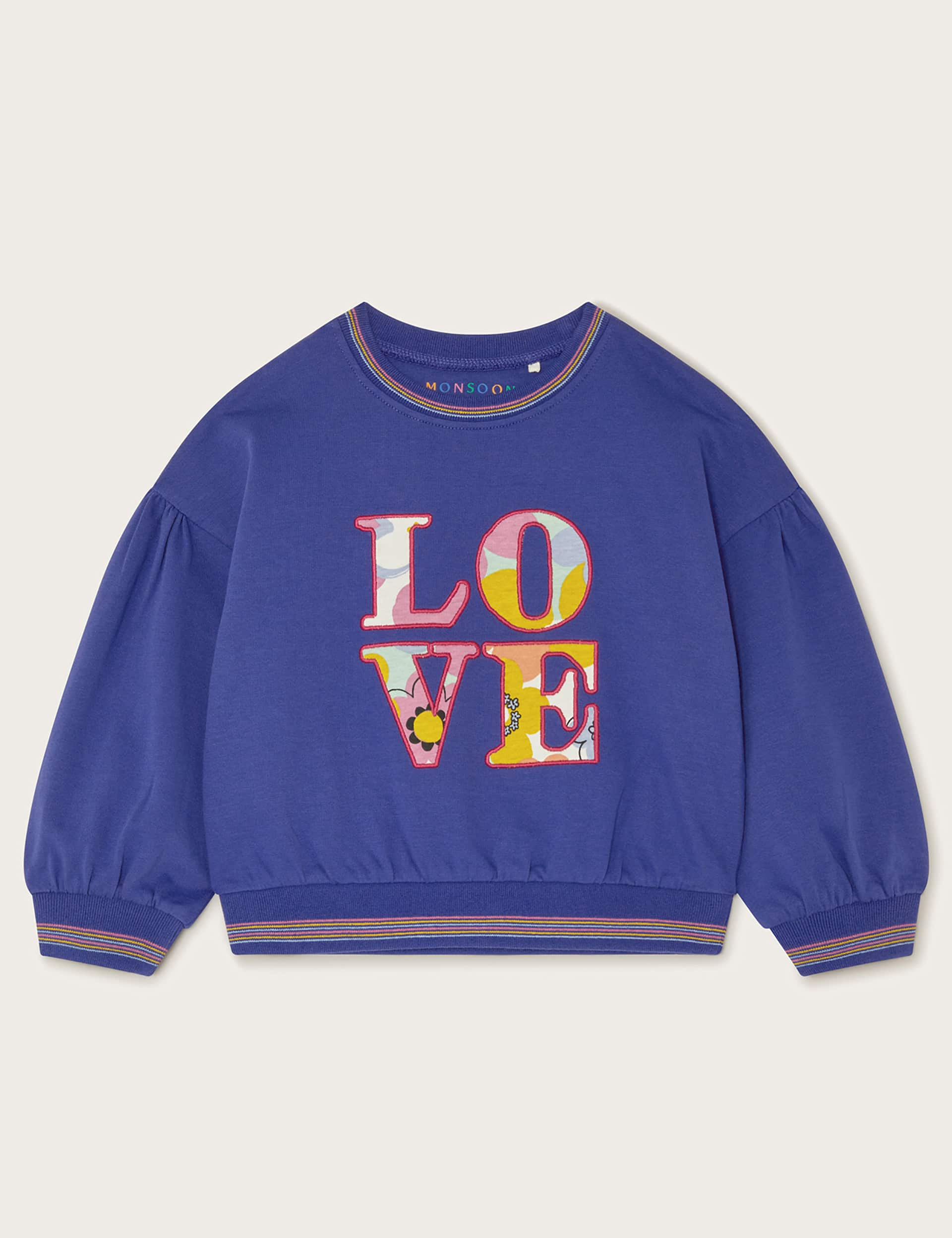 Monsoon Girls Pure Cotton Love Slogan Sweatshirt (7-13 Yrs) - 7-8 Y - Blue Mix, Blue Mix