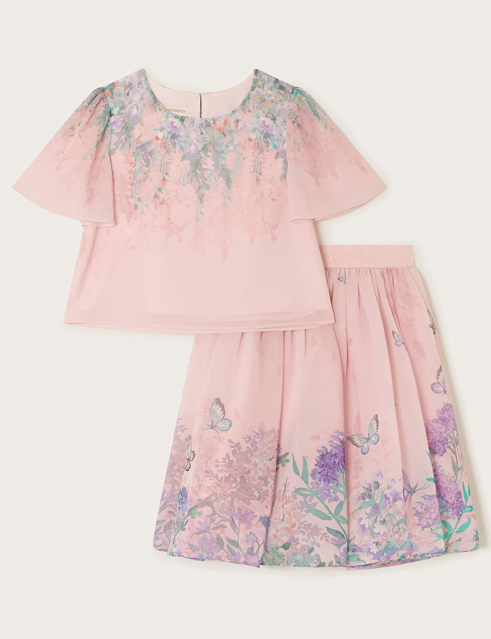 Monsoon Girls Floral Top & Skirt Set (2-15 Yrs) - 5-6 Y - Pink, Pink