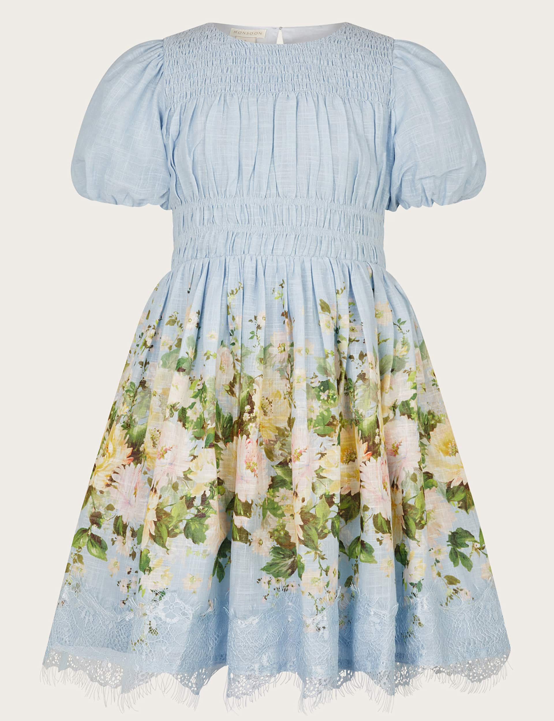 Monsoon Girls Pure Cotton Floral Dress (3-15 Yrs) - 5y - Pale Blue, Pale Blue