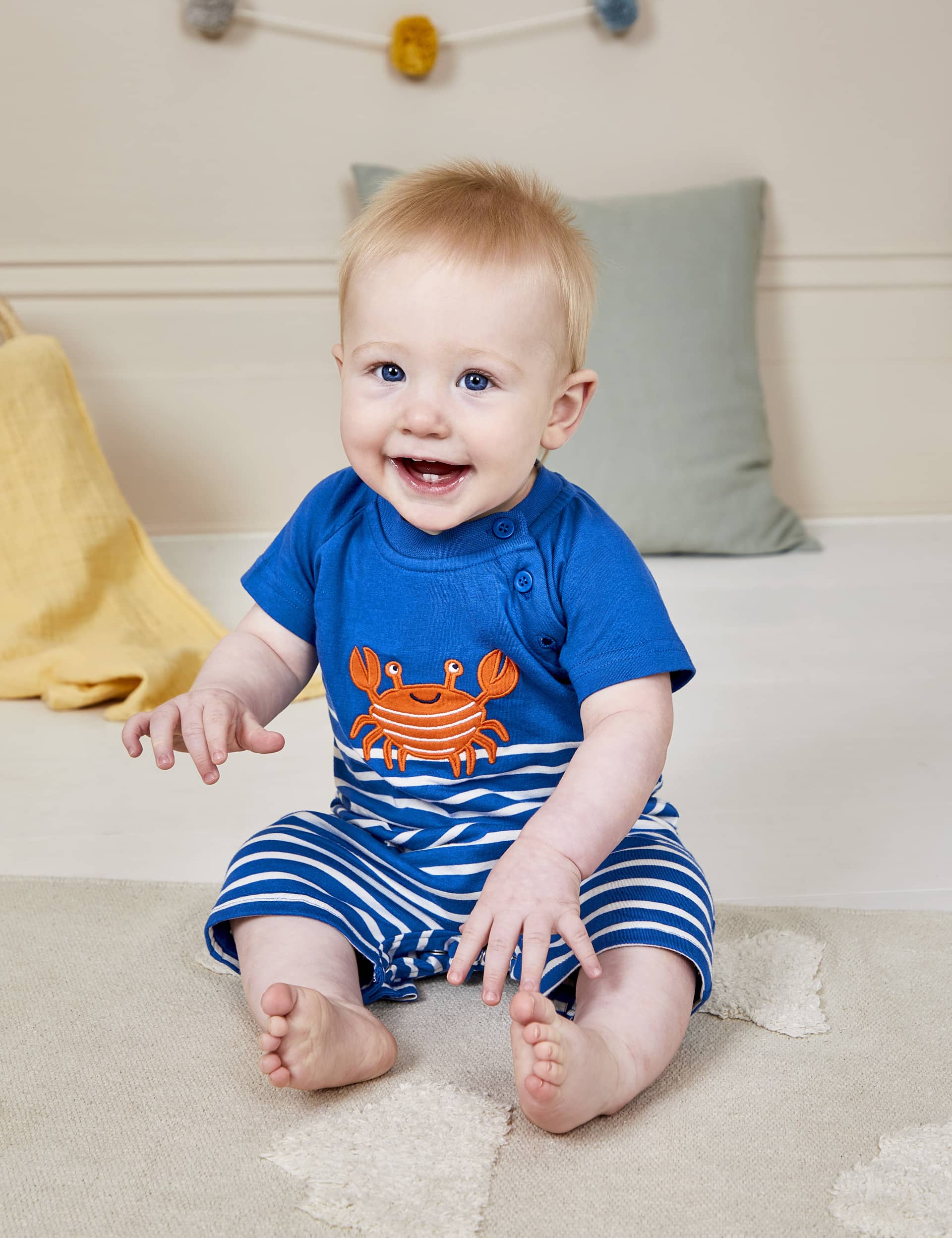 Jojo Maman Bb Boys Pure Cotton Striped Crab Romper (0-2 Yrs) - 3-6 M - Denim Mix, Denim Mix