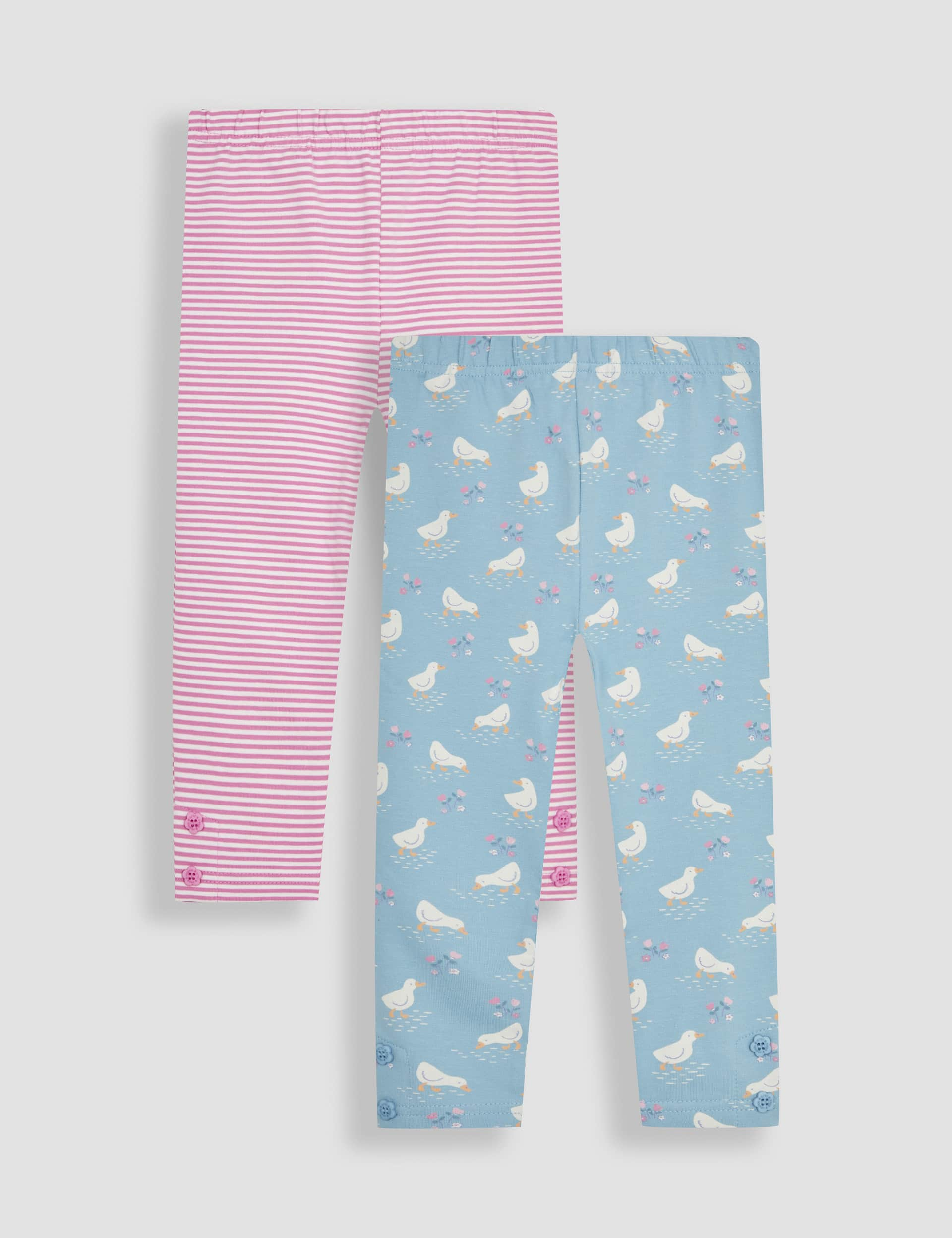 Jojo Maman Bb Girls 2pk Cotton Rich Striped & Duck Leggings (6 Mths-7 Yrs) - 6-12M - Teal Mix, Tea