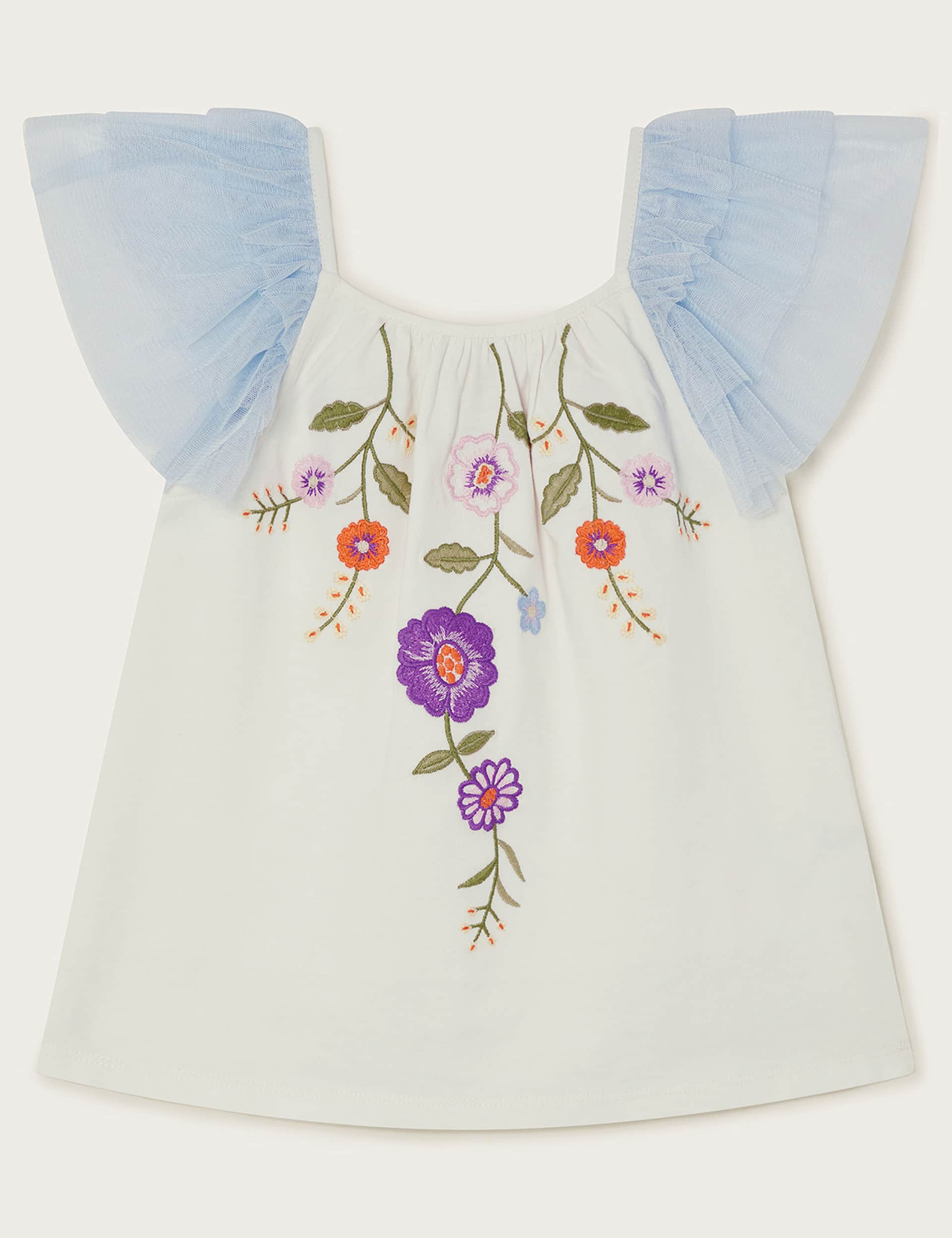 Monsoon Girls Pure Cotton Flower Embroidered Top (3-13 Yrs) - 9-10Y - Blue Mix, Blue Mix