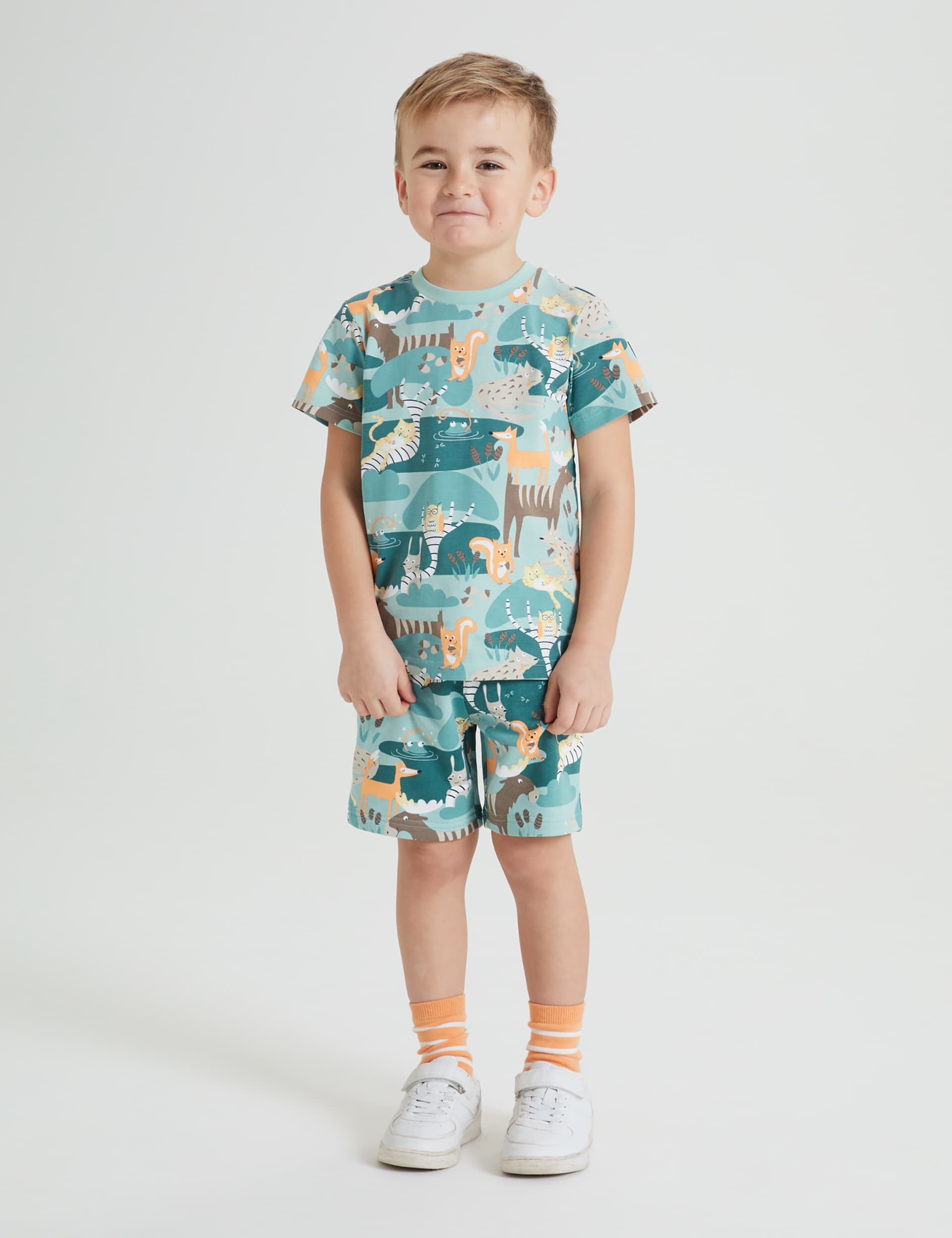 Polarn O. Pyret Boys Pure Cotton Animal Print Shorts (1-7 Yrs) - 5-6 Y - Teal Mix, Teal Mix