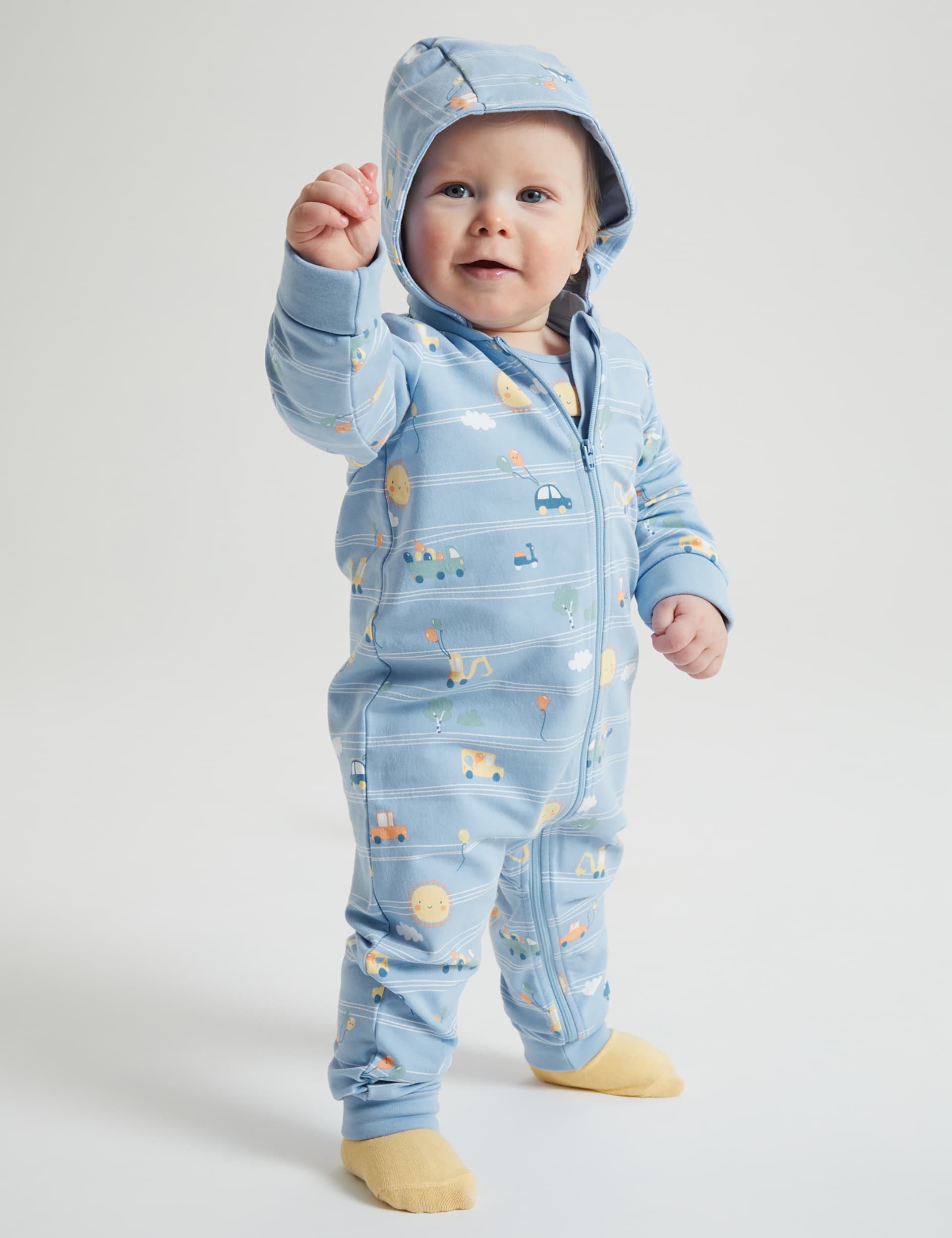 Polarn O. Pyret Cotton Rich Vehicle Print Hooded All in One (7lbs-1 Yrs) - 1-2 M - Blue Mix, Blue Mi