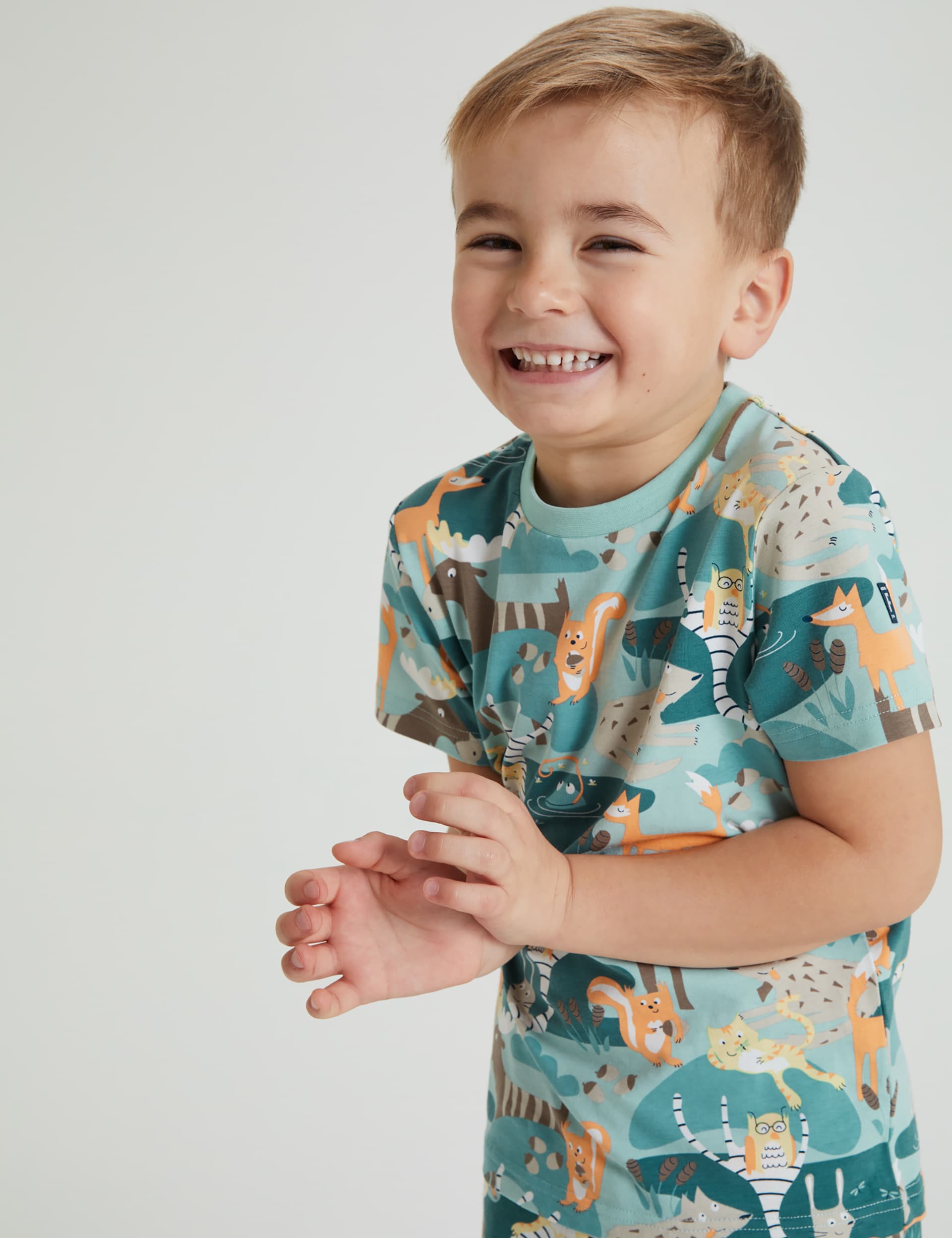 Polarn O. Pyret Boys Cotton Rich Animal Print T-Shirt (1-7 Yrs) - 18-24 - Teal Mix, Teal Mix