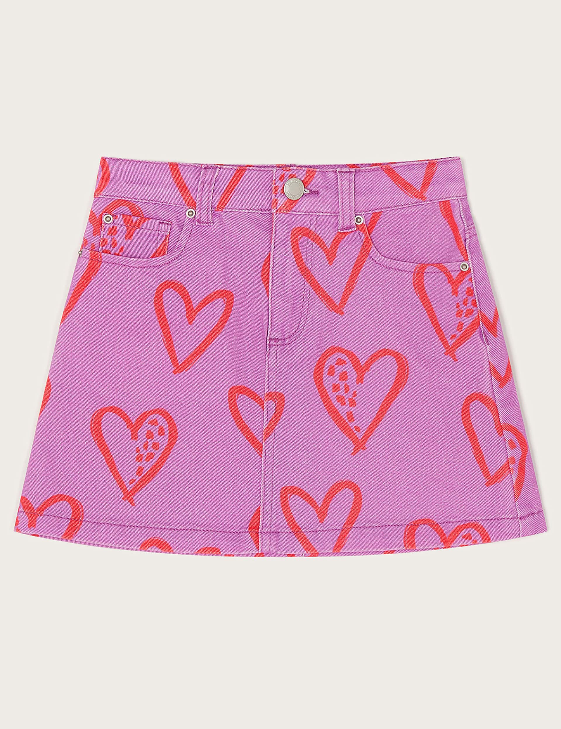 Monsoon Girls Denim Heart Print Skirt (3-13 Yrs) - 11y - Purple Mix, Purple Mix