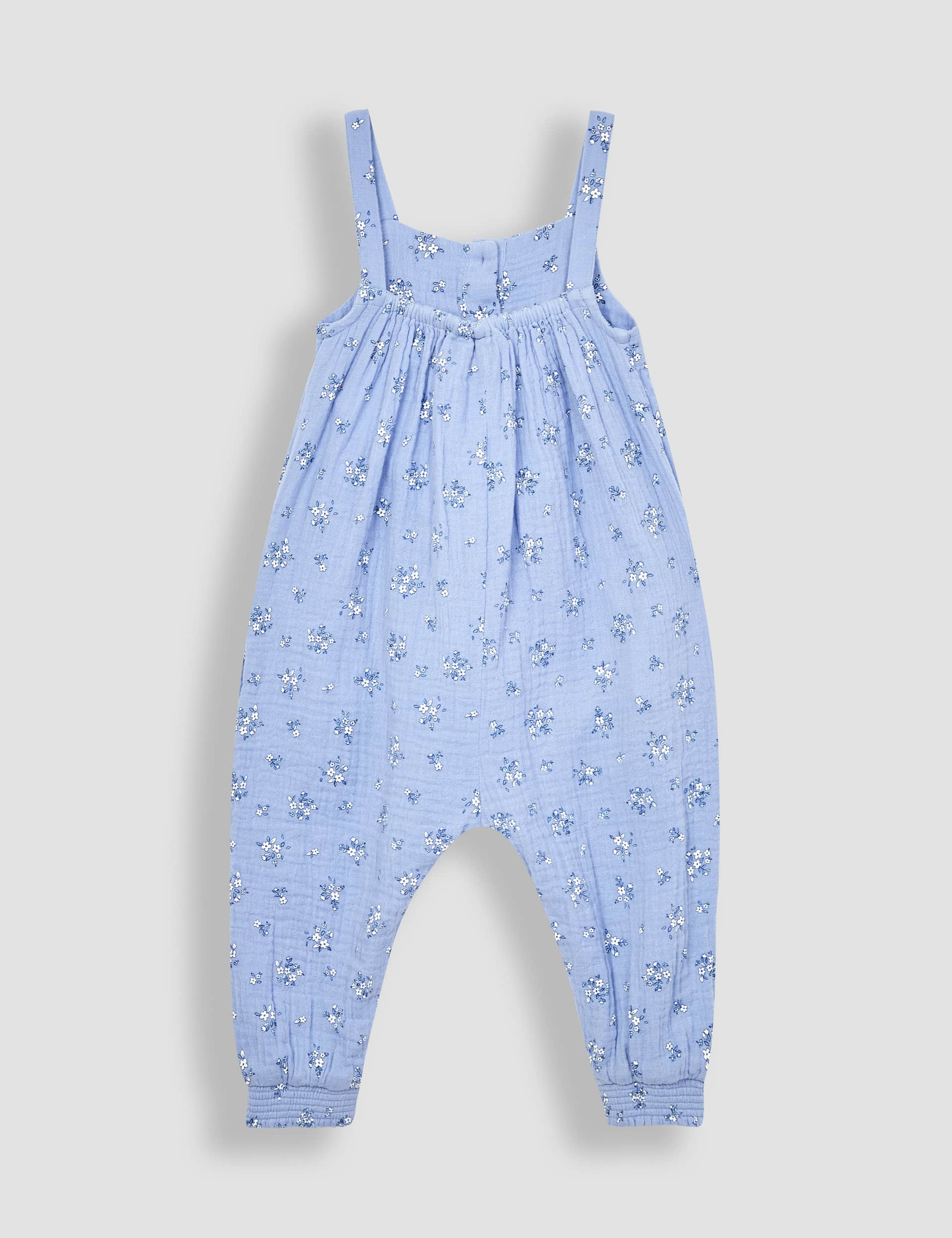 Jojo Maman Bb Girls Pure Cotton Floral Jumpsuit (3 Mths-3 Yrs) - 3-6M - Blue Mix, Blue Mix