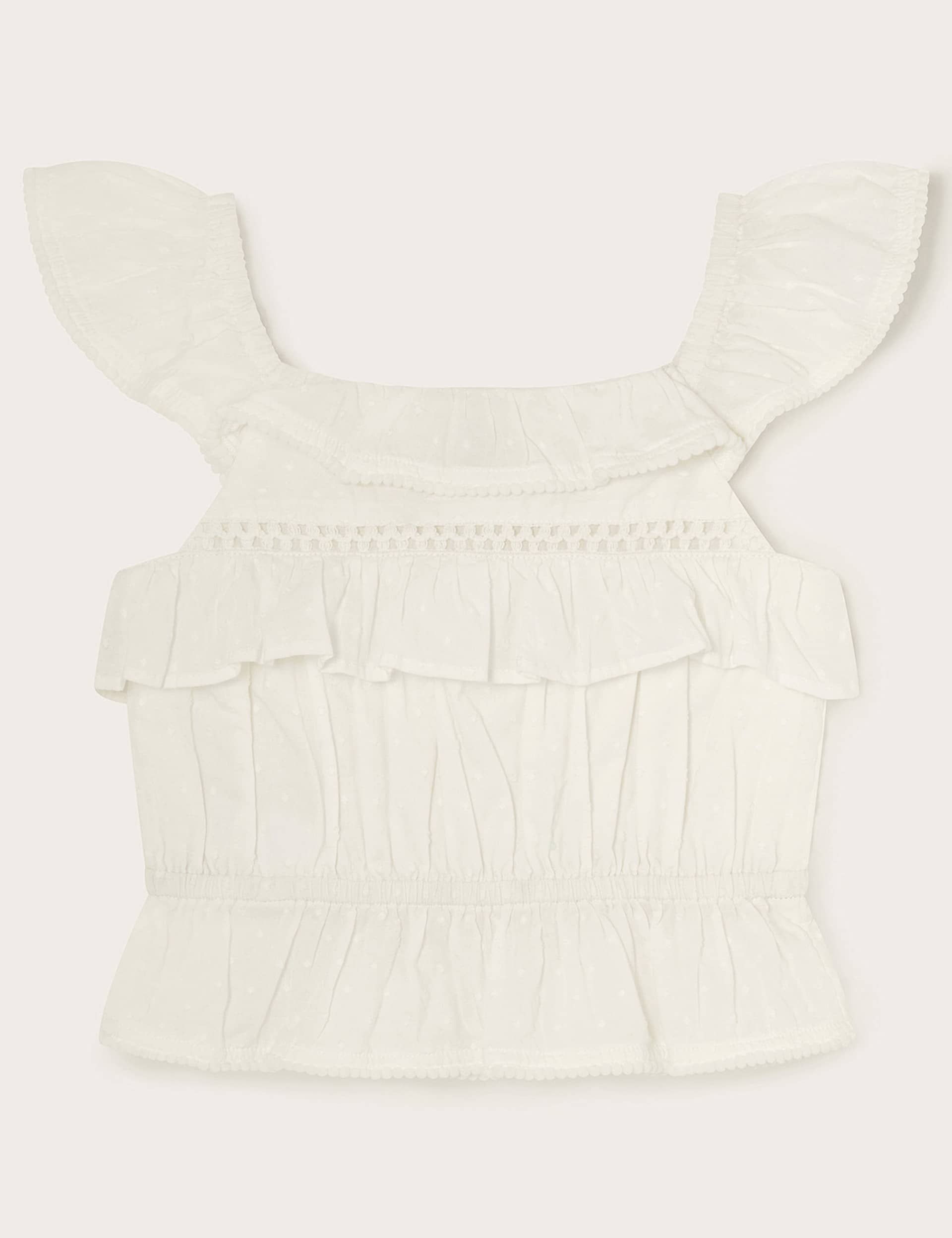 Monsoon Girls Pure Cotton Frill Top (3-13 Yrs) - 3-4 Y - Ivory, Ivory