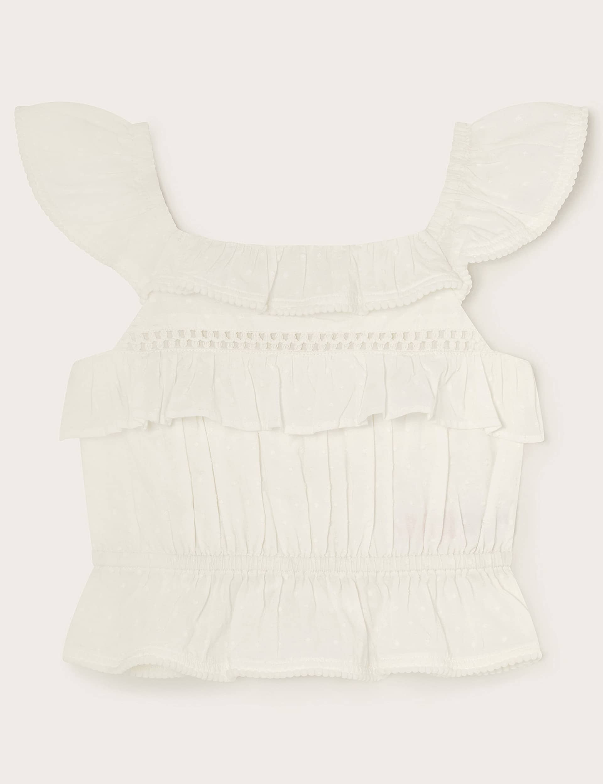 Monsoon Girls Pure Cotton Frill Top (3-13 Yrs) - 7-8 Y - Ivory, Ivory