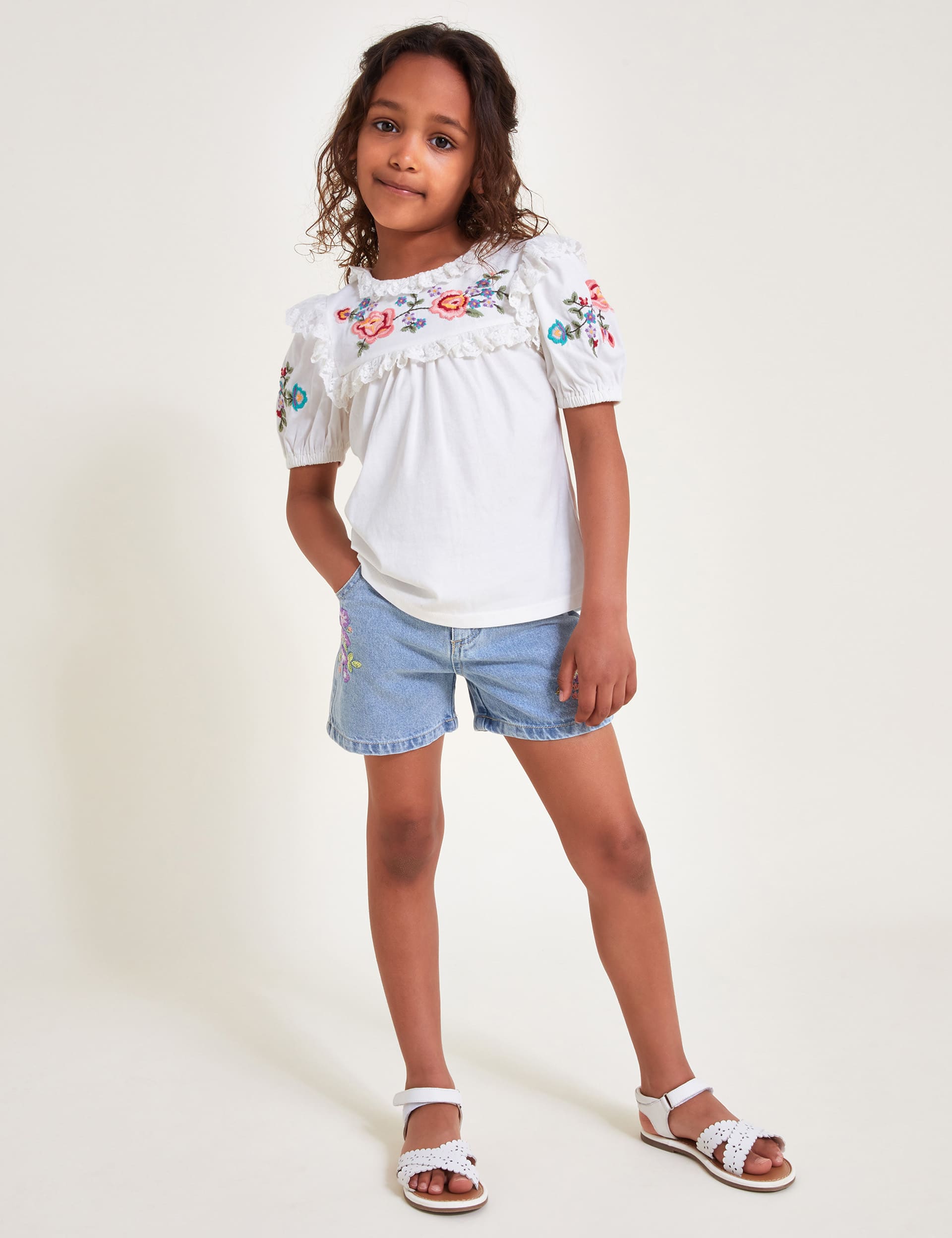 Monsoon Girls Pure Cotton Flower Embroidered Top (3-12 Yrs) - 3-4 Y - Ivory Mix, Ivory Mix