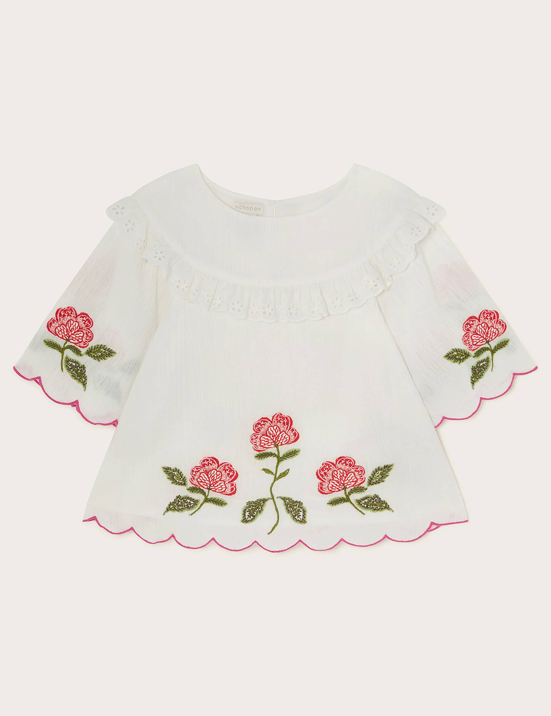 Monsoon Girls Pure Cotton Flower Embroidered Top (3-13 Yrs) - 7-8 Y - Ivory Mix, Ivory Mix