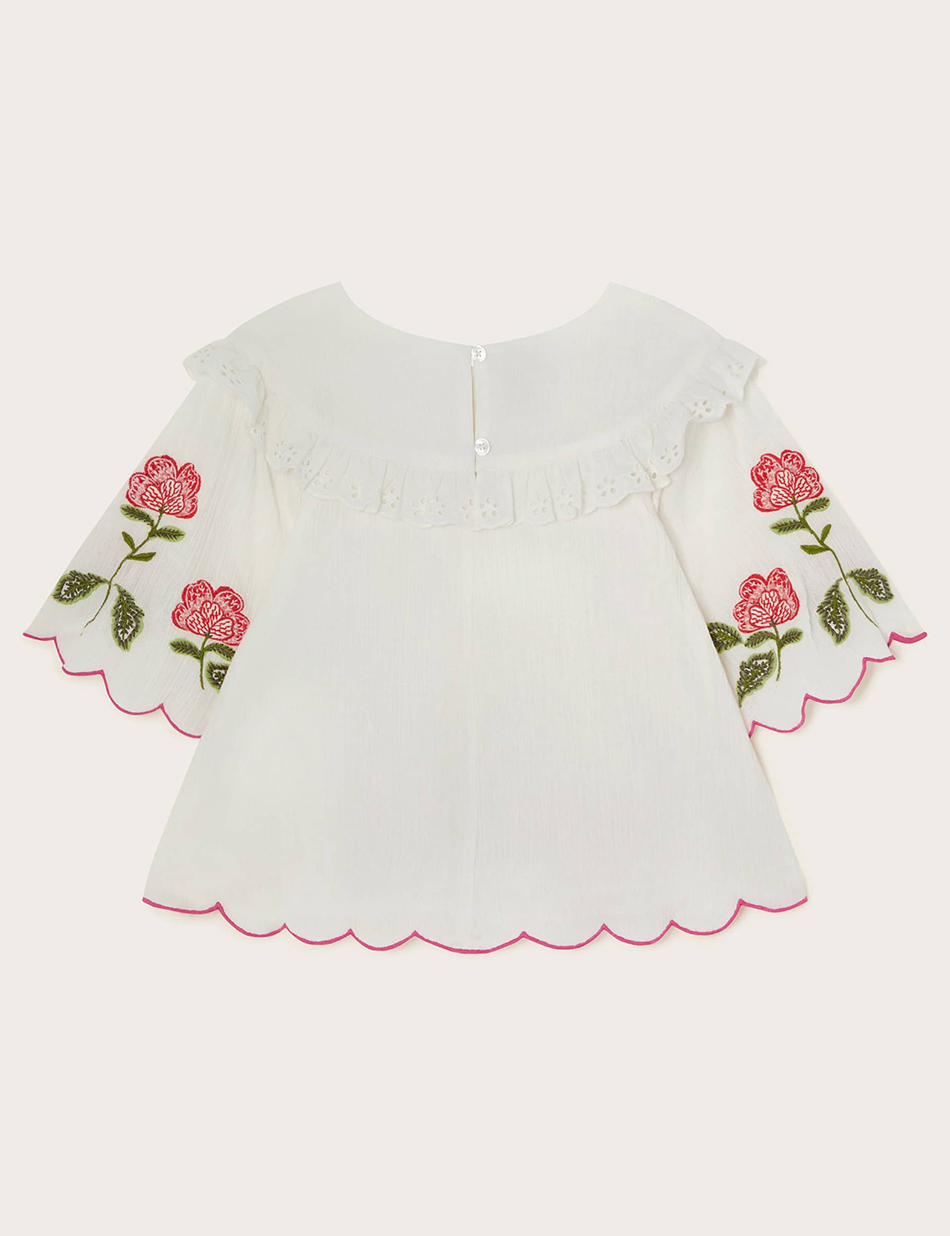 Monsoon Girls Pure Cotton Flower Embroidered Top (3-13 Yrs) - 7-8 Y - Ivory Mix, Ivory Mix