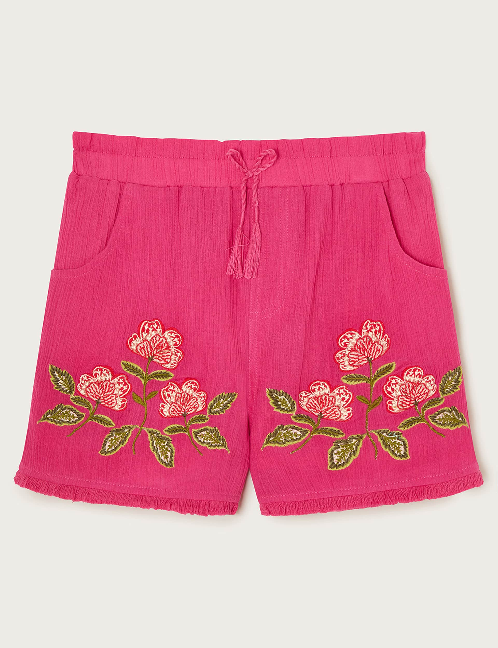 Monsoon Girls Pure Cotton Flower Embroidered Shorts (3-13 Yrs) - 5-6 Y - Pink Mix, Pink Mix