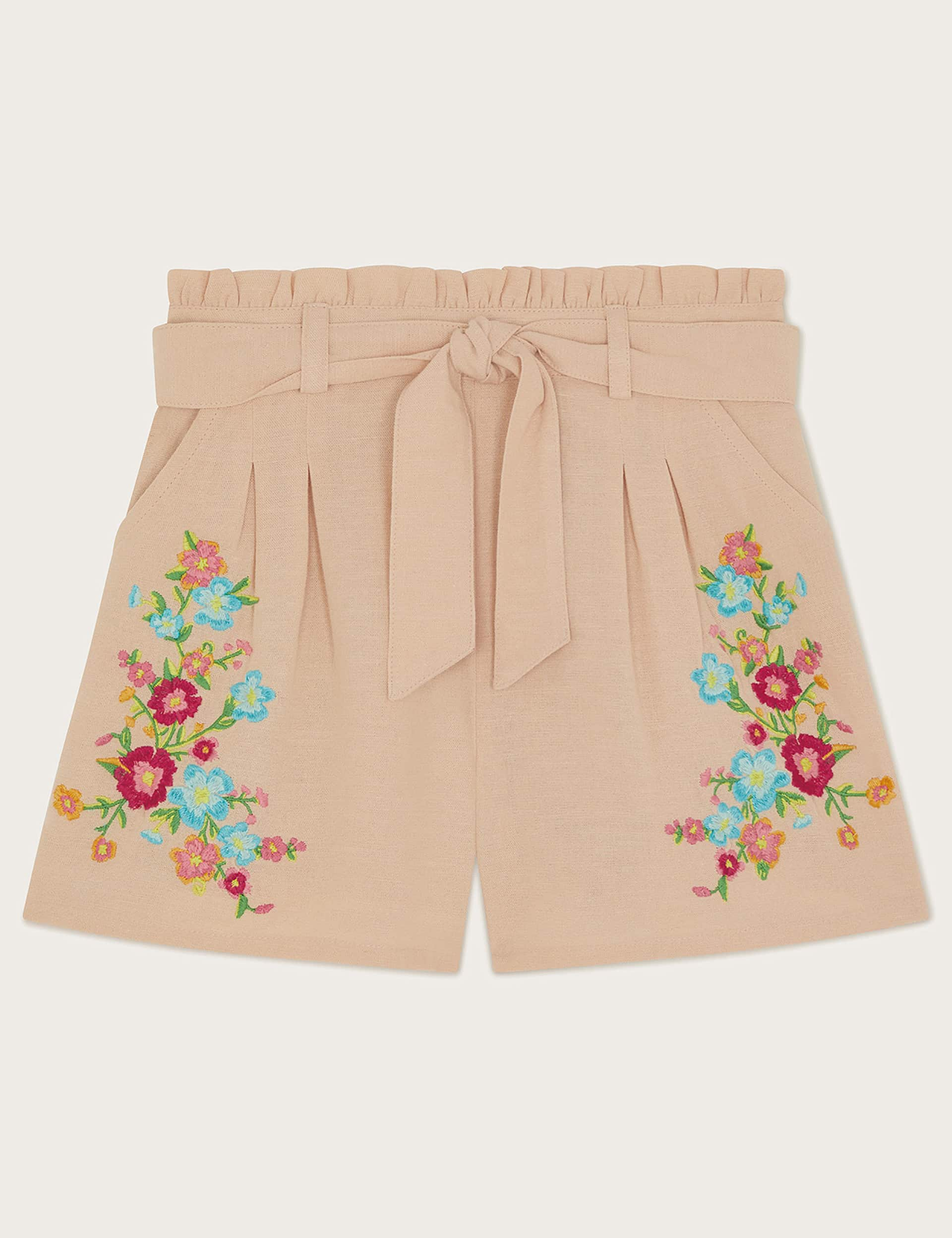 Monsoon Girls Cotton Blend Floral Embroidered Shorts (2-15 Yrs) - 5y - Stone, Stone