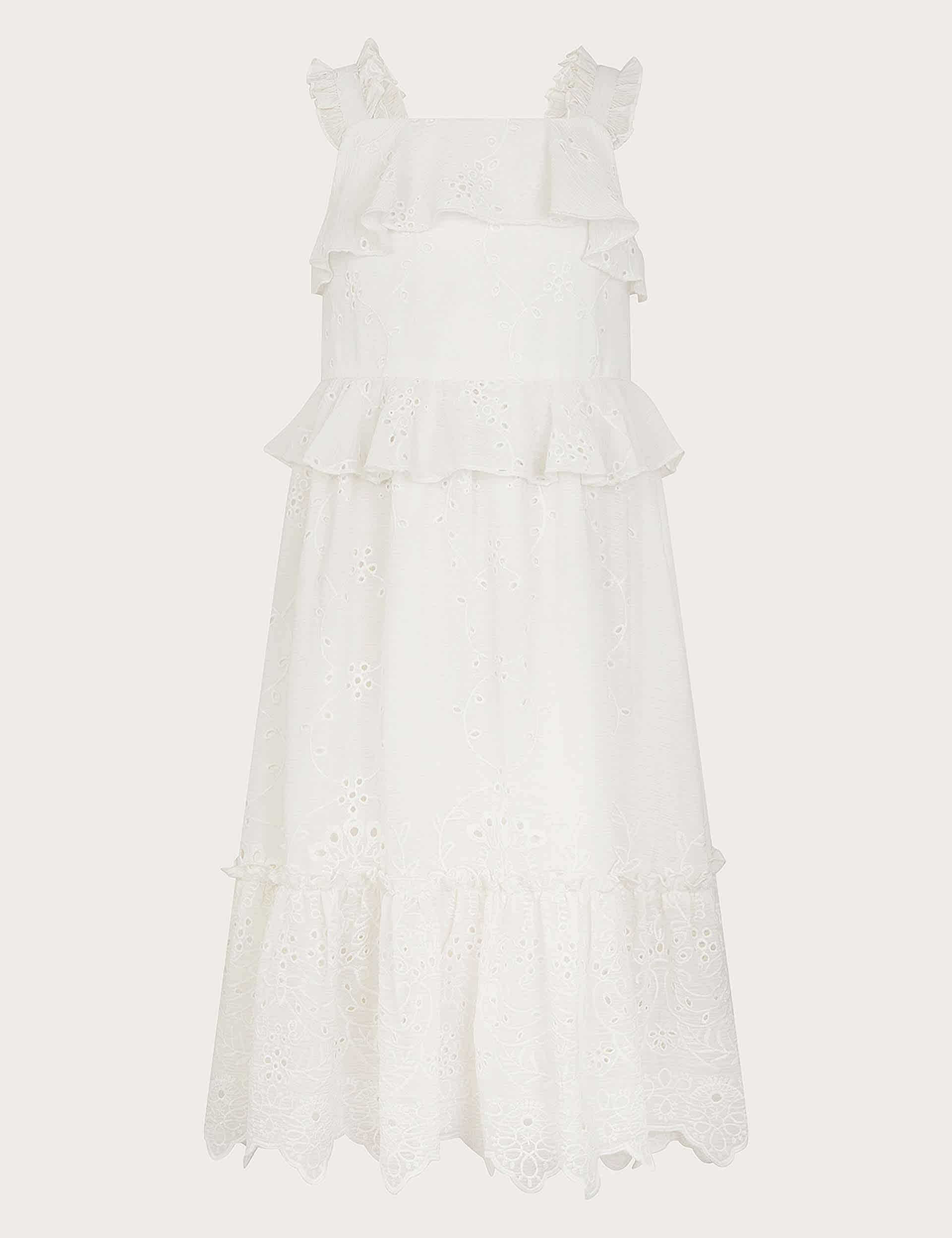 Monsoon Girls Broderie Frill Tiered Dress (3-13 Yrs) - 8y - Ivory, Ivory