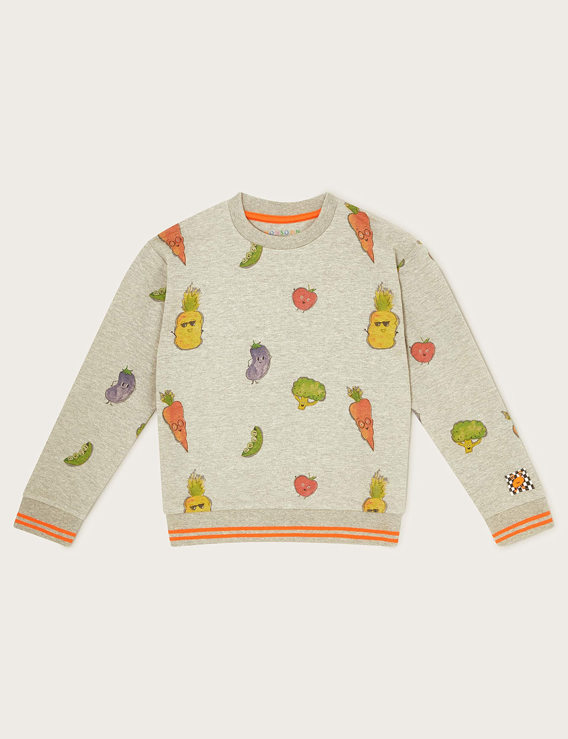 Monsoon Boys Pure Cotton Fruit & Veg Print Sweatshirt (3-13 Yrs) - 9-10Y - Grey Mix, Grey Mix