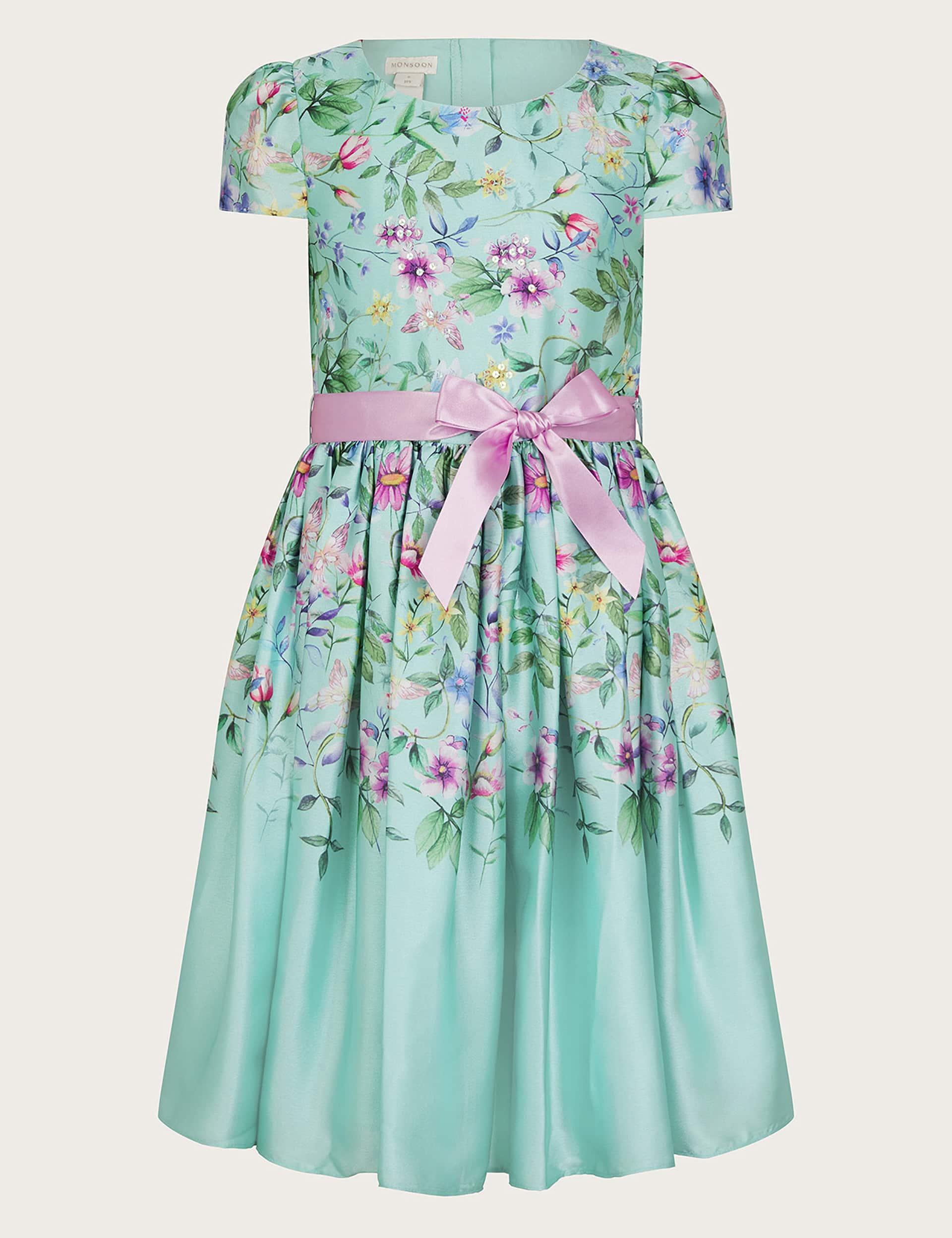 Monsoon Girls Satin Floral Occasion Dress (3-15 Yrs) - 8y - Green, Green