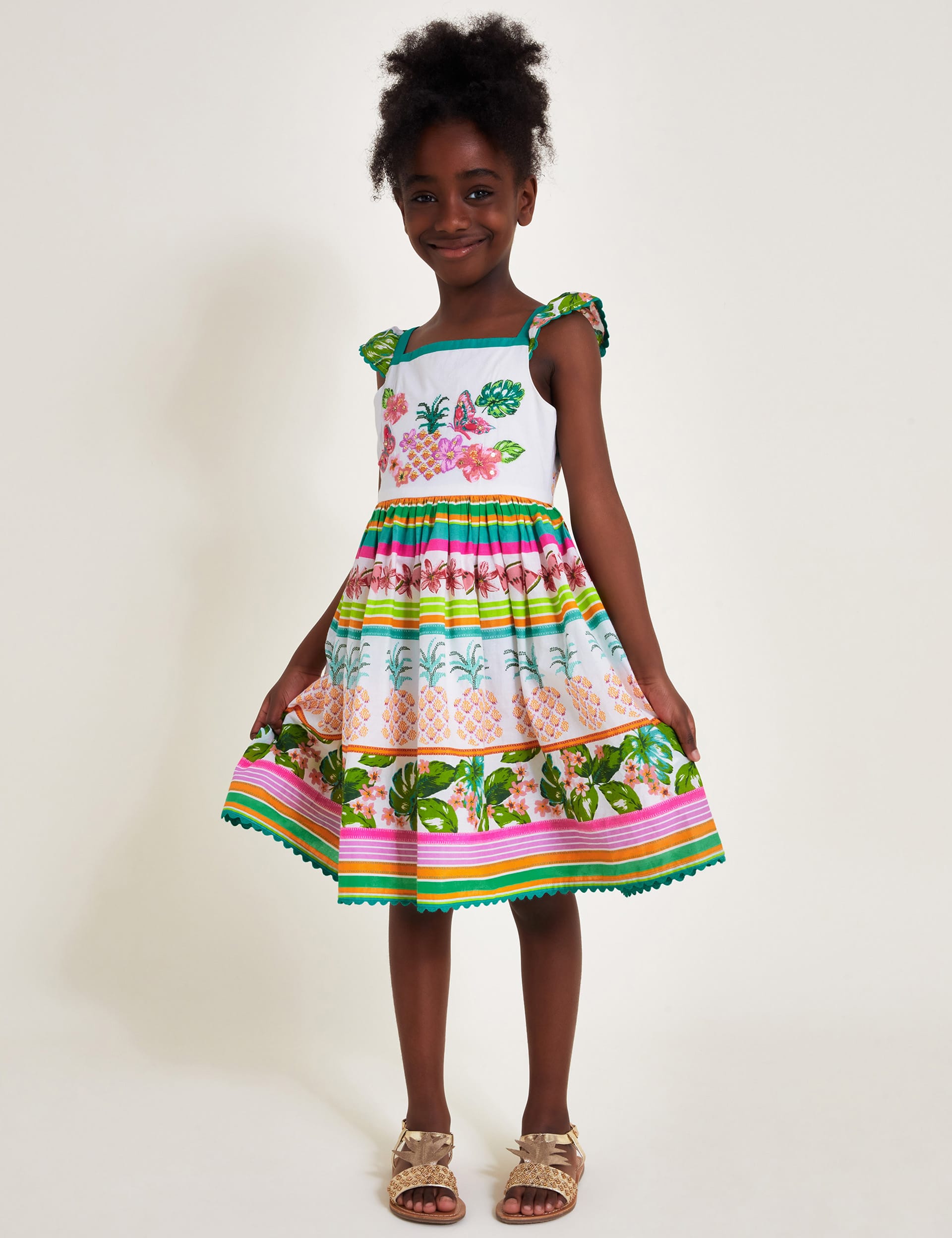 Monsoon Girls Pure Cotton Pineapple Dress (5-15 Yrs) - 8y - White Mix, White Mix