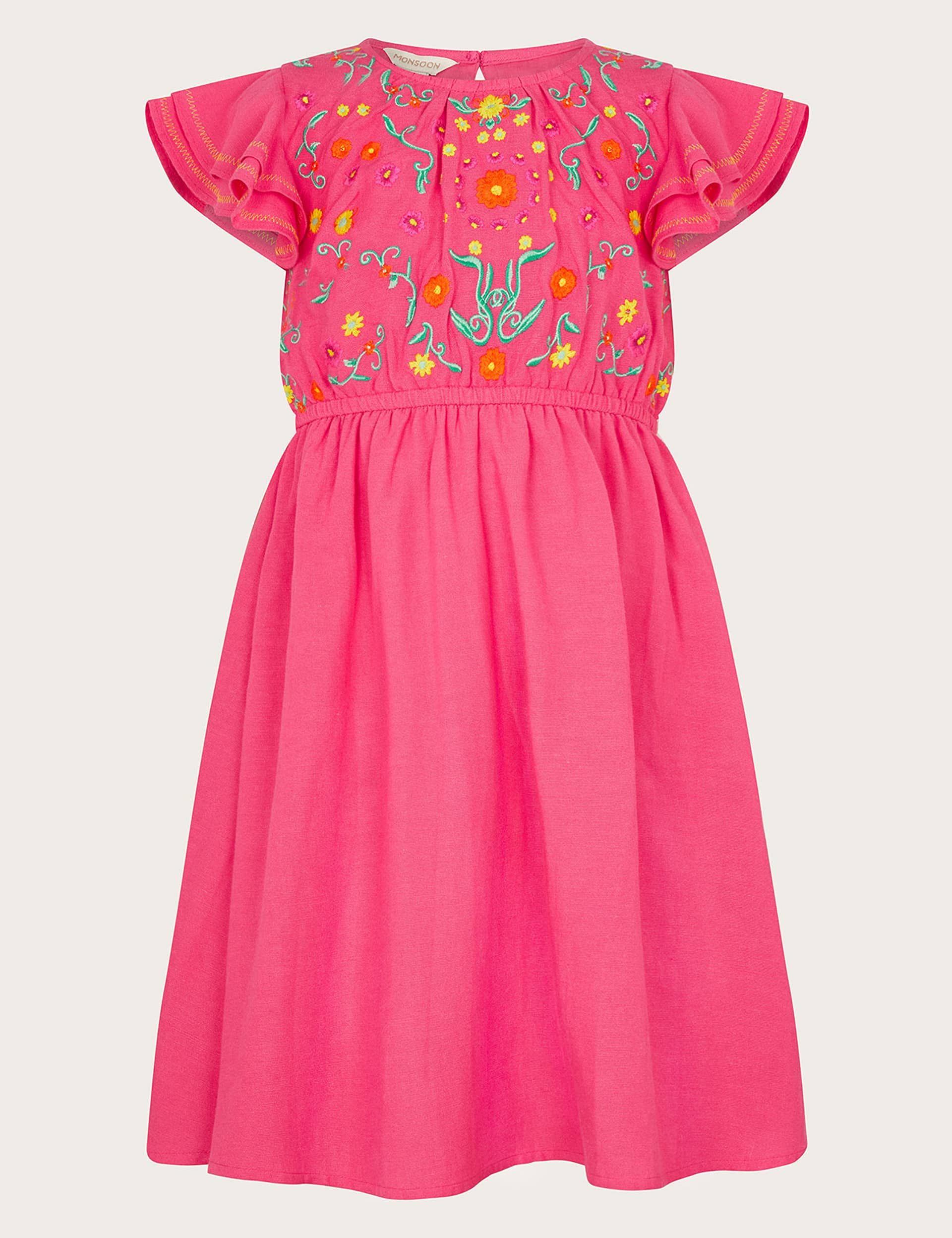 Monsoon Girls Cotton Blend Floral Embroidered Dress (3-13 Yrs) - 6y - Pink Mix, Pink Mix