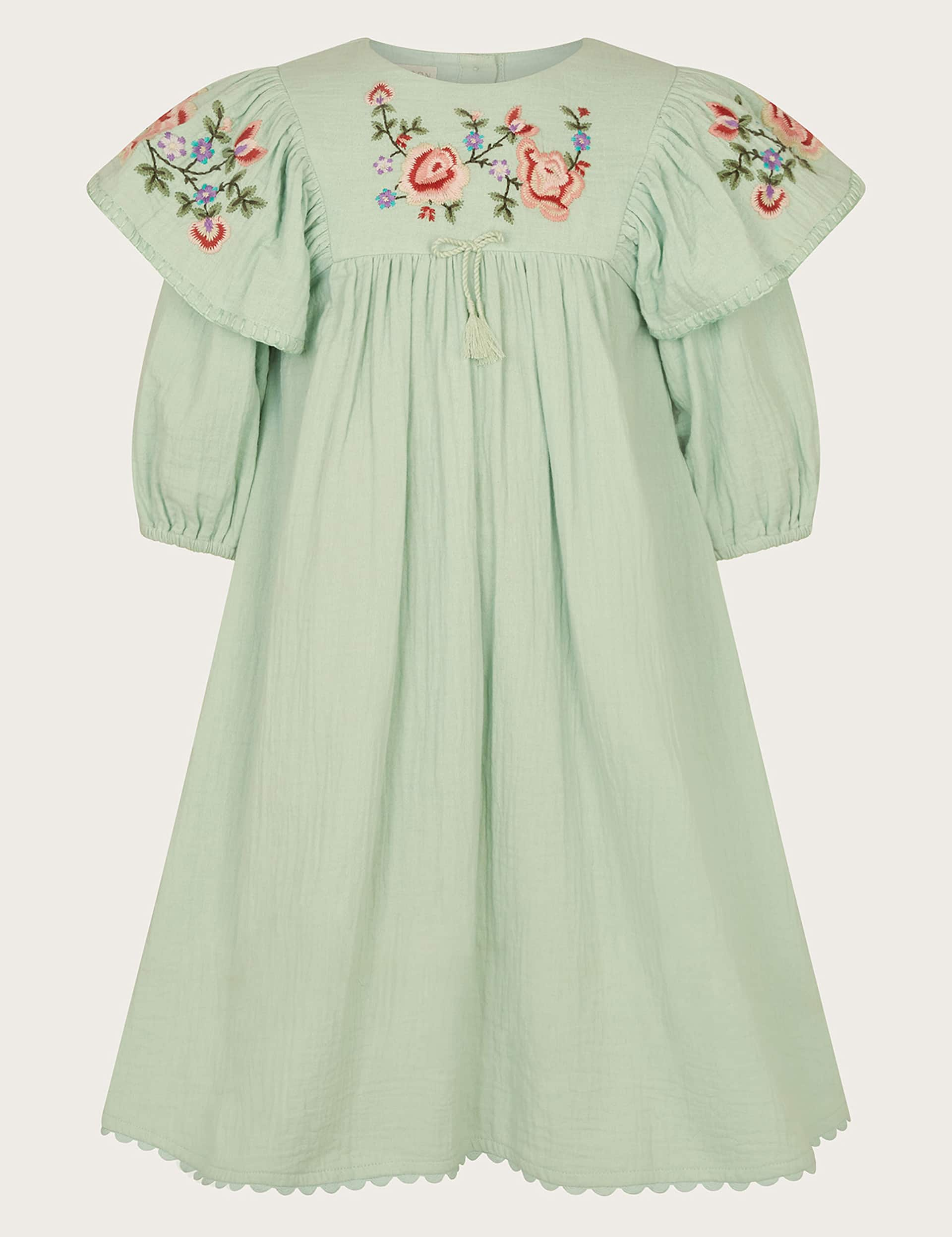 Monsoon Girls Pure Cotton Floral Embroidered Dress (3-13 Yrs) - 9y - Green Mix, Green Mix