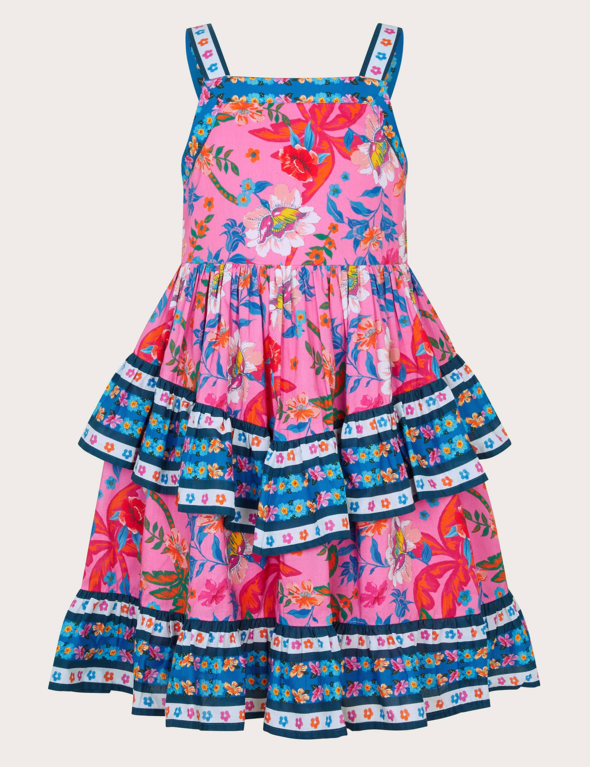 Monsoon Girls Pure Cotton Tropical Tiered Dress (3-15 Yrs) - 7y - Pink Mix, Pink Mix