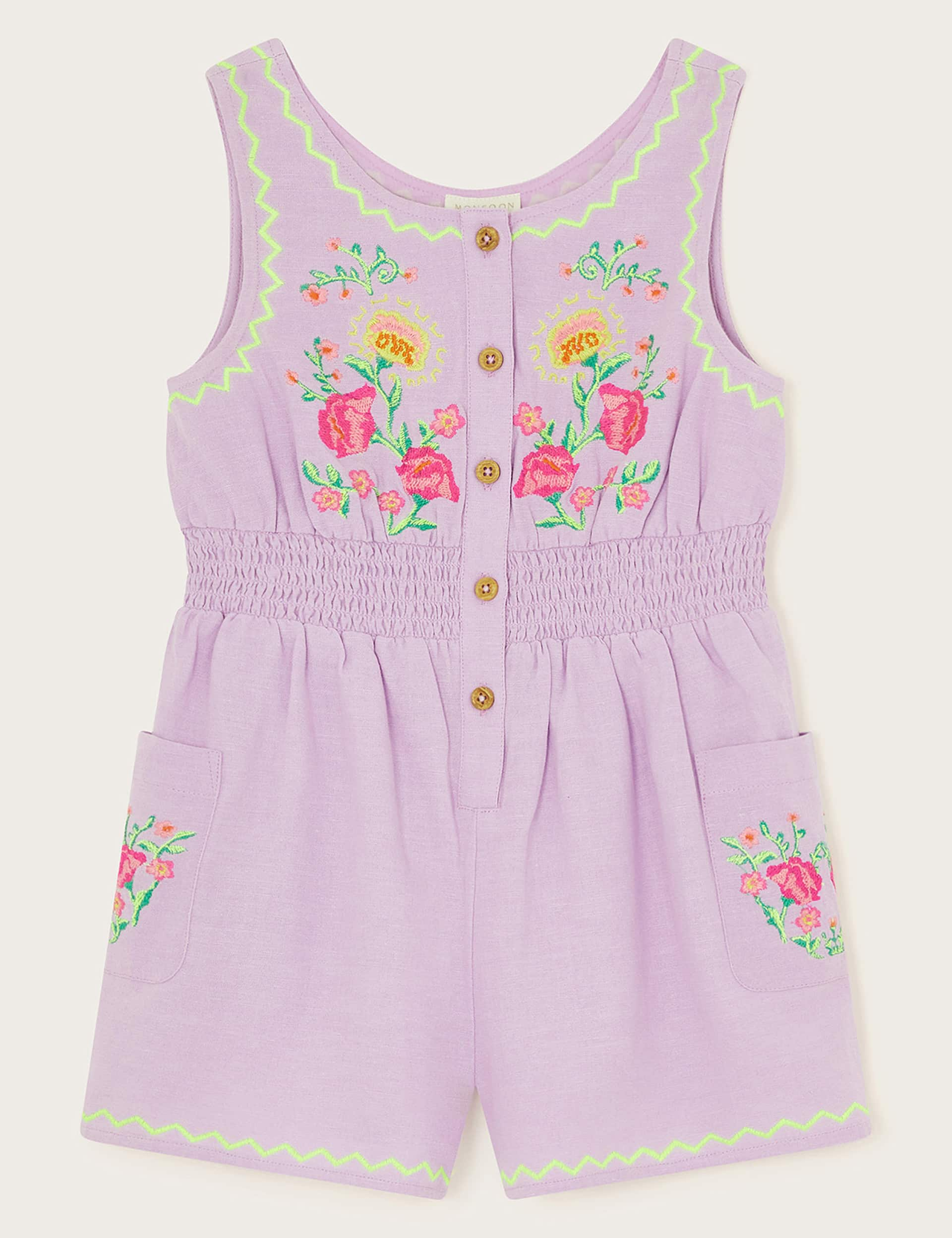 Monsoon Girls Cotton Blend Floral Embroidered Playsuit (2-13 Yrs) - 12-13 - Lilac, Lilac