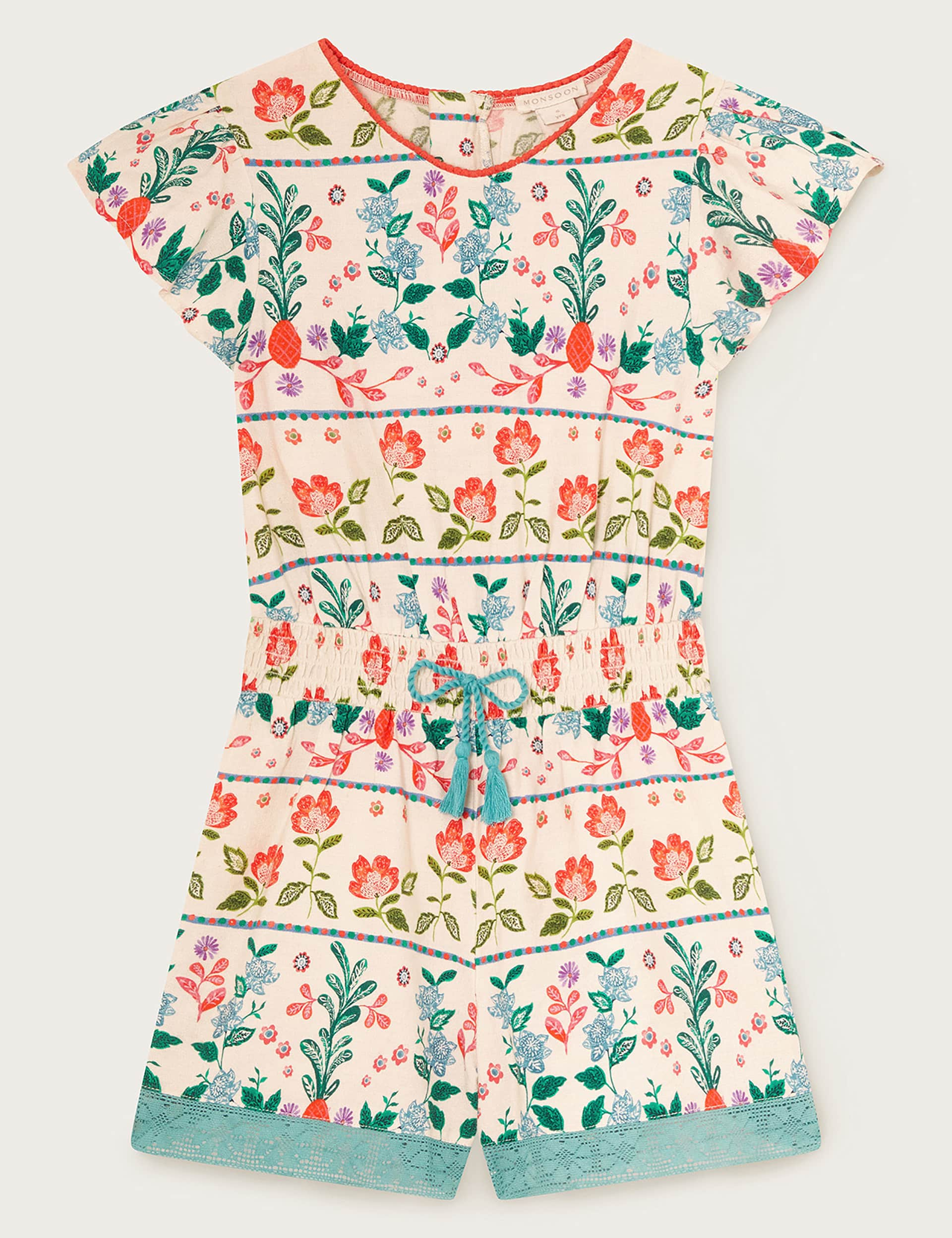 Monsoon Girls Cotton Blend Floral Playsuit (3-13 Yrs) - 3y - Ivory, Ivory