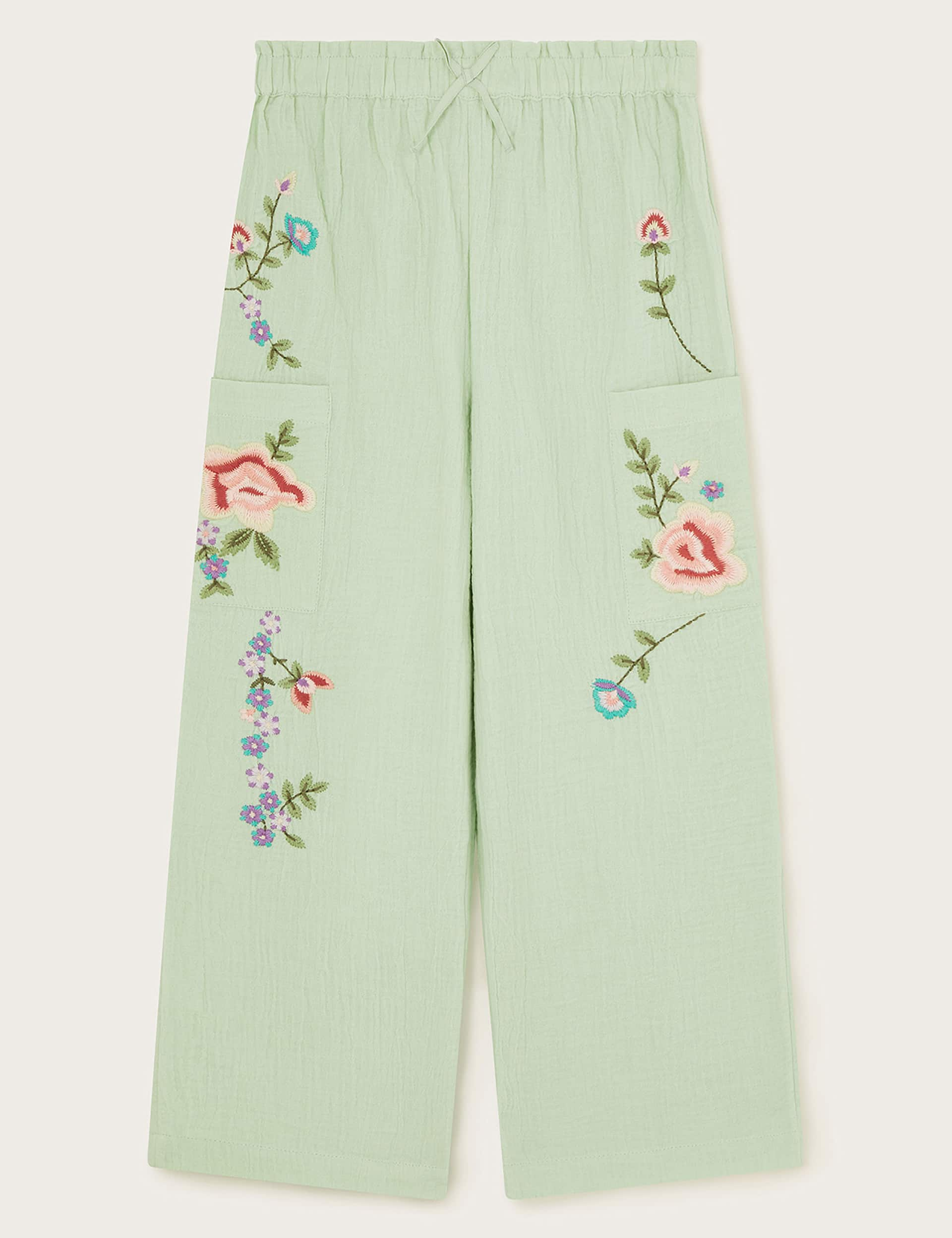 Monsoon Girls Pure Cotton Embroidered Wide Leg Trousers (3-13 Yrs) - 5y - Green, Green