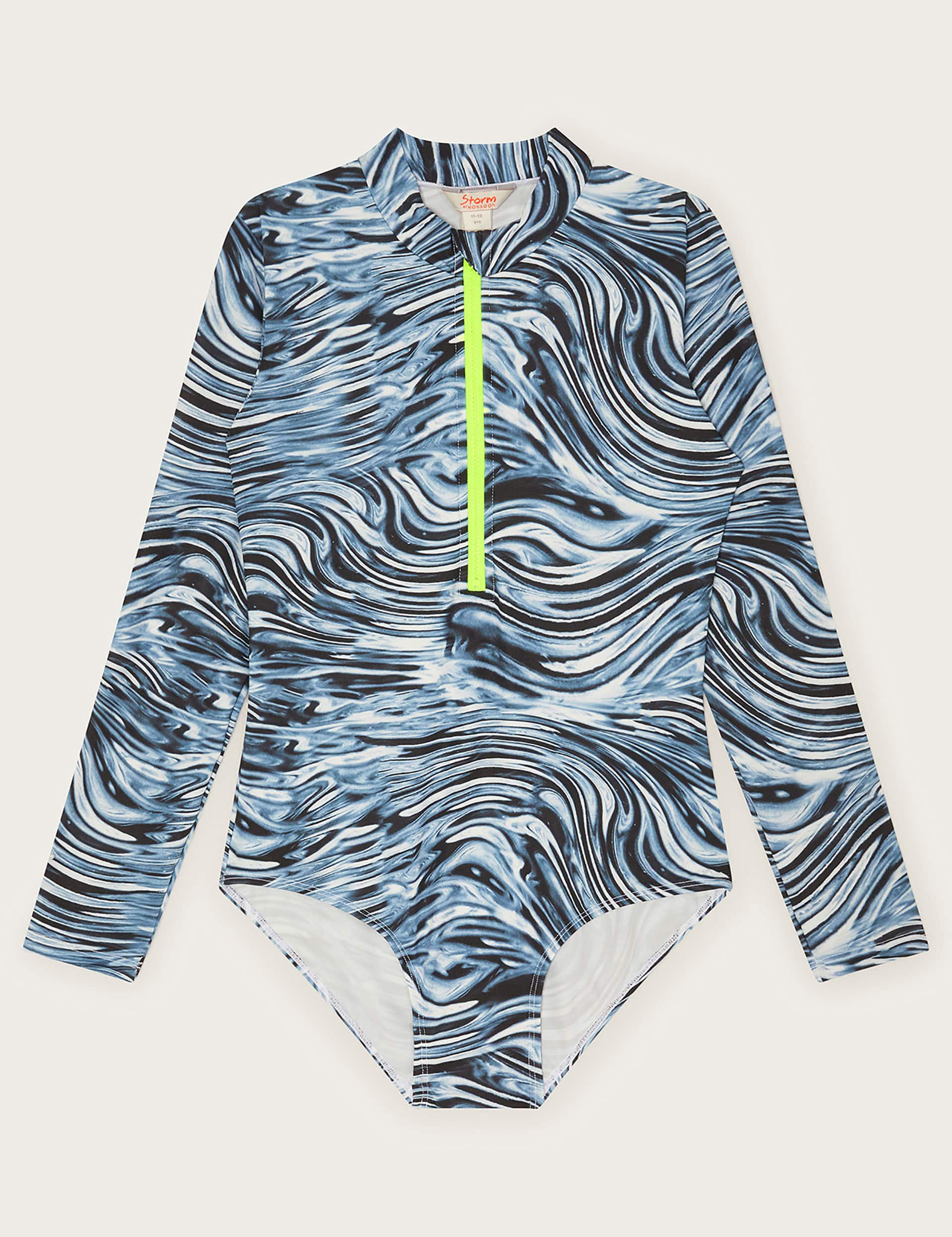 Monsoon Girls Ripple Print Long Sleeve All In One (7-15 Yrs) - 15Y - Grey Mix, Grey Mix