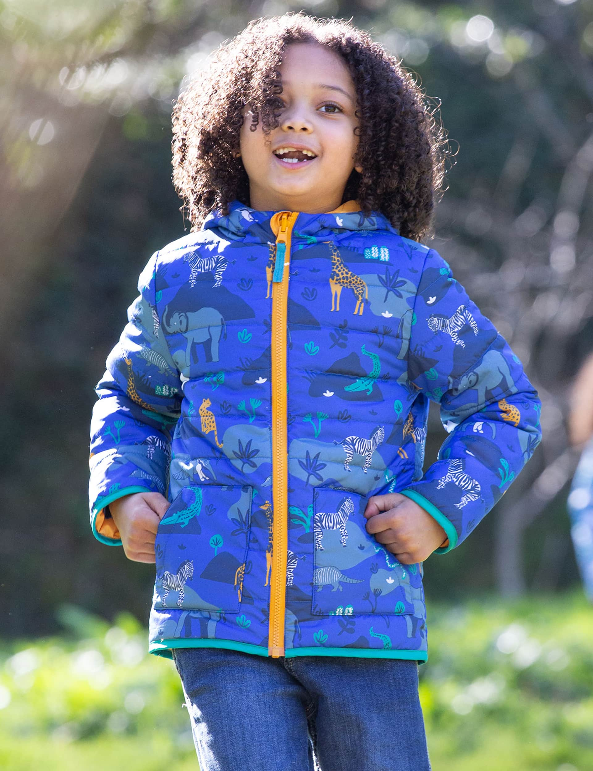 Frugi Boys Safari Reversible Hooded Padded Jacket (1-10 Yrs) - 6-7 Y - Blue, Blue