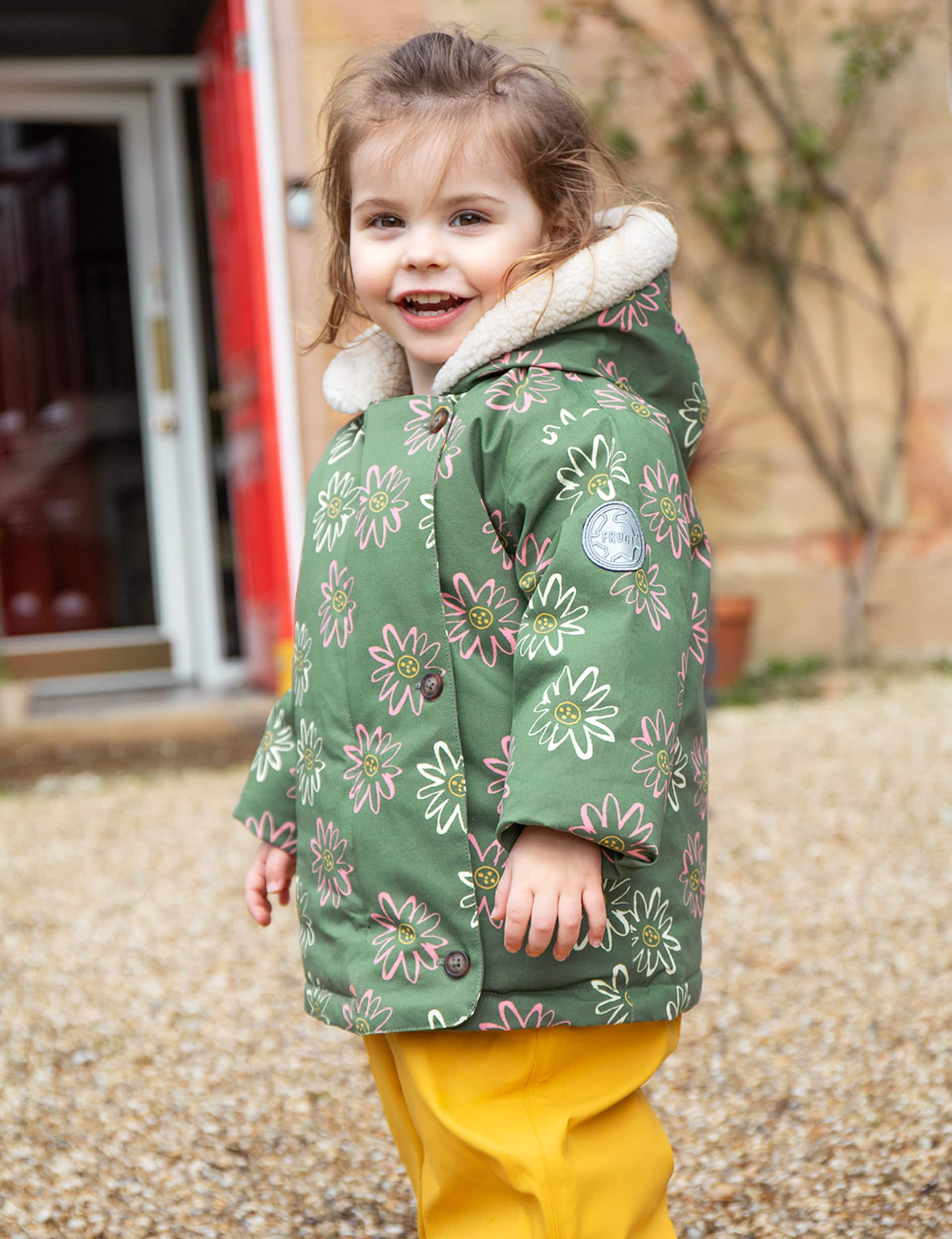 Frugi Girls Pure Cotton Floral Hooded Parka Coat (6 Mths-5 Yrs) - 6-9M - Green, Green