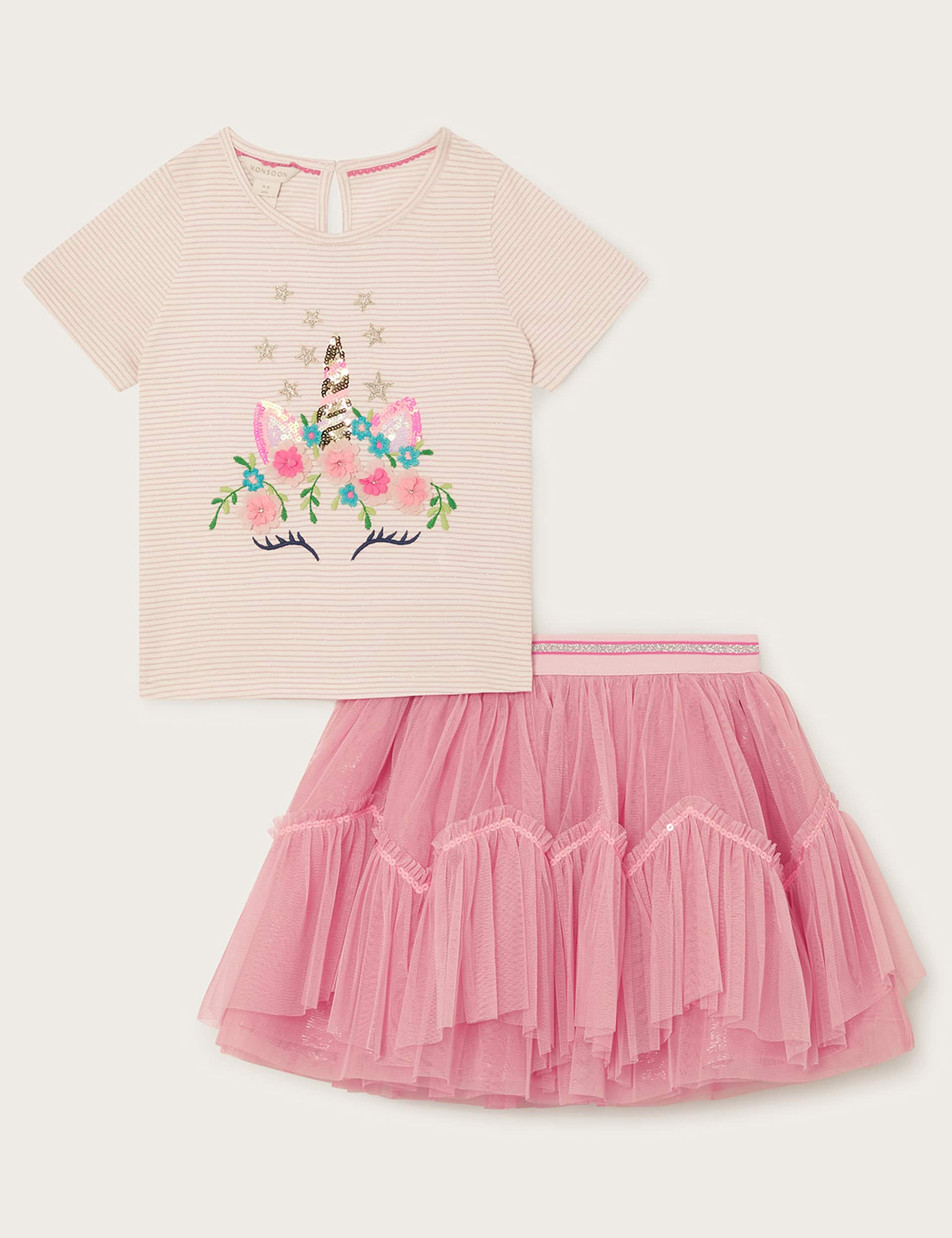 Monsoon Girls 2pc Unicorn Top & Bottom Outfit (3-13 Yrs) - 7-8 Y - Pink Mix, Pink Mix