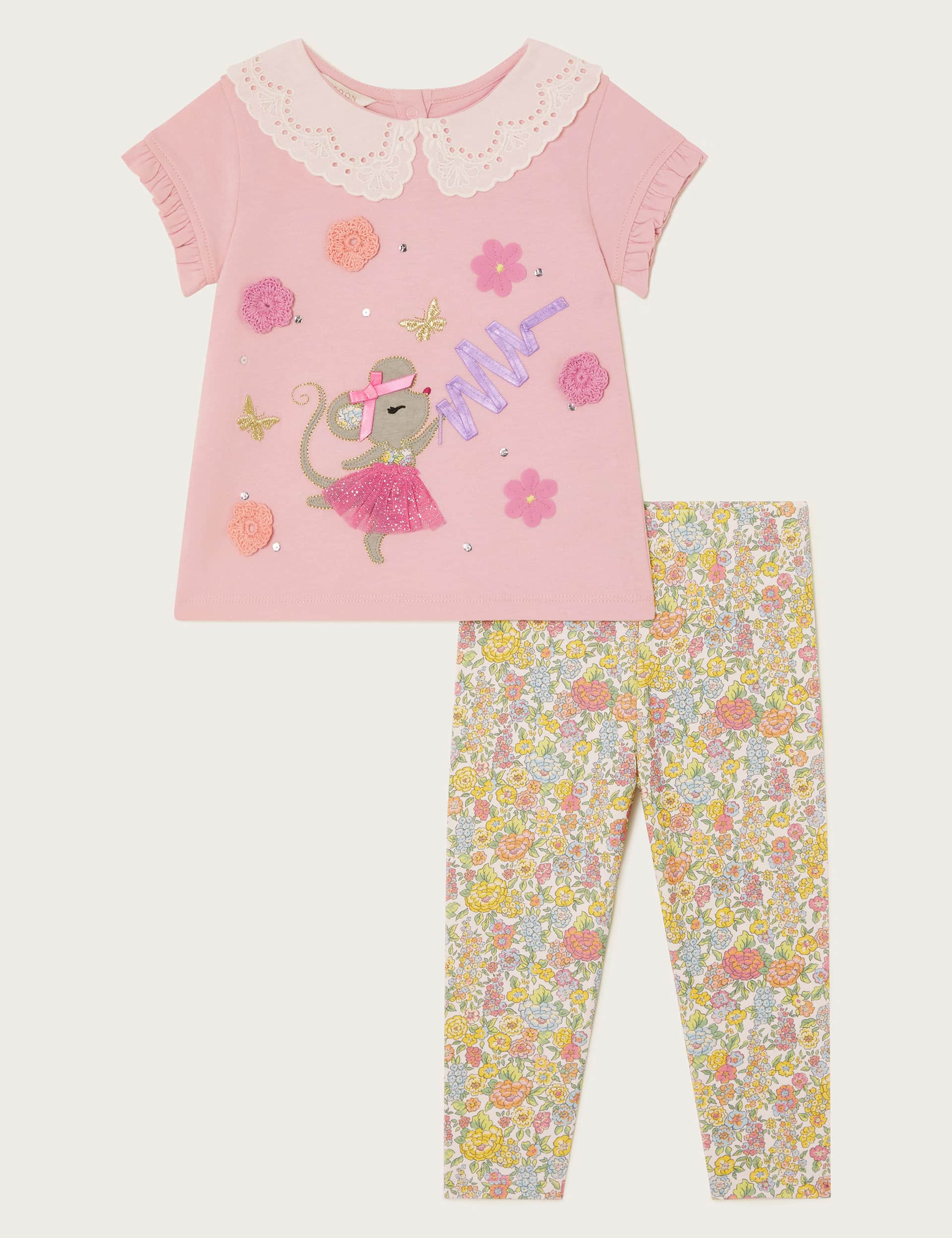 Monsoon Girls 2pc Cotton Rich Mouse Top & Bottom Outfit (0-4 Yrs) - 18-24 - Pink Mix, Pink Mix