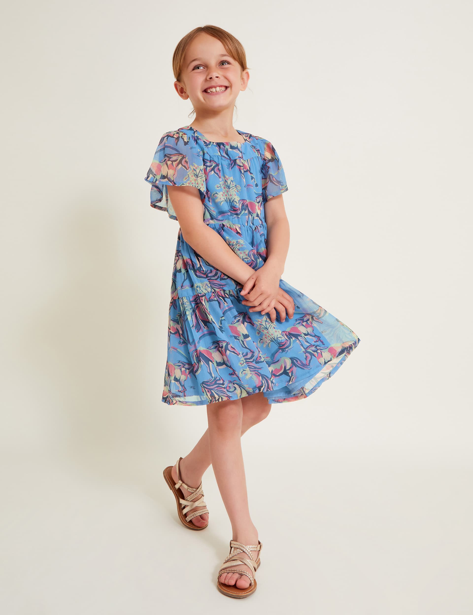 Monsoon Girls Horse Print Dress (3-13 Yrs) - 3y - Blue Mix, Blue Mix