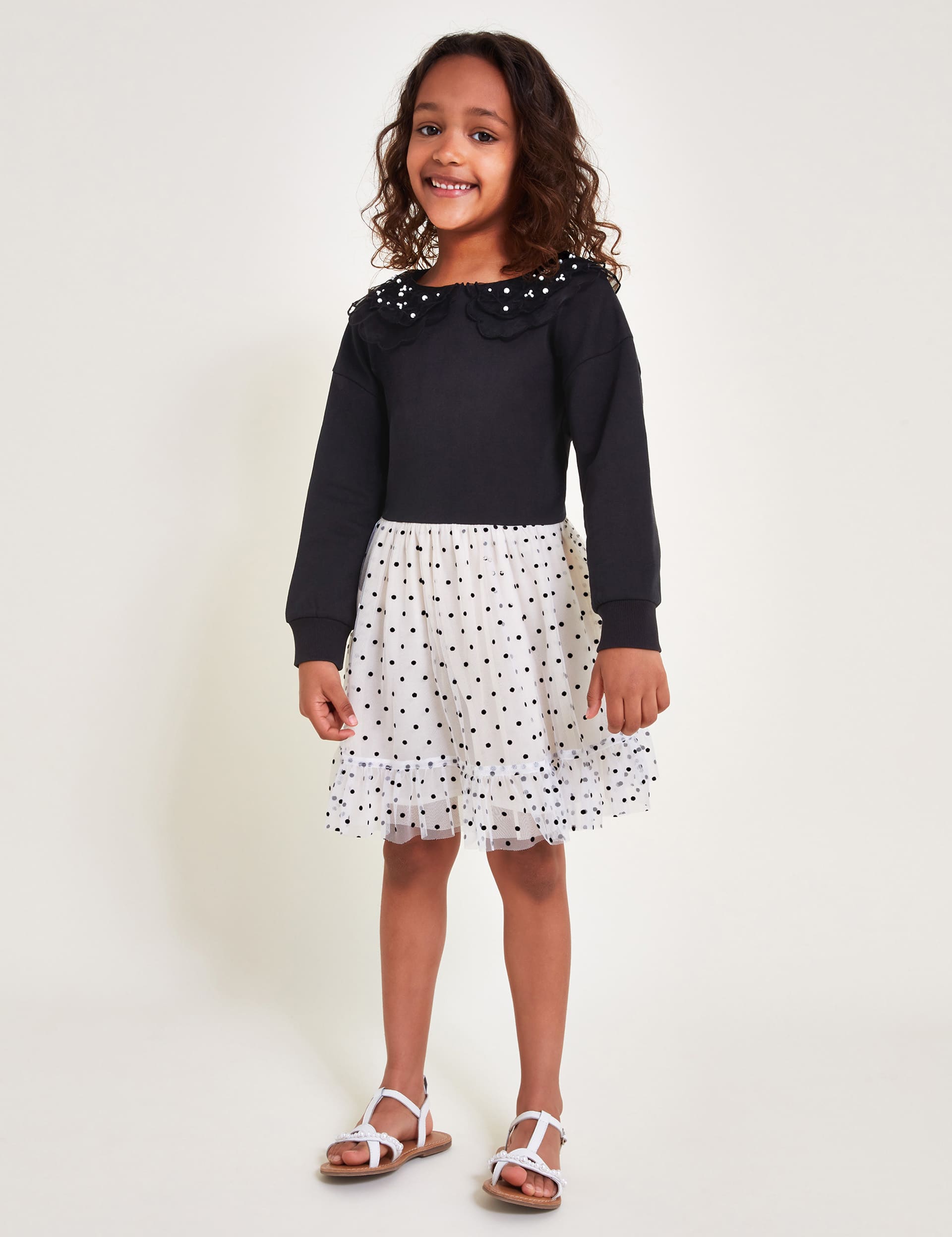 Monsoon Girls Embellished Polka Dot Dress (3-13 Yrs) - 3-4 Y - Black, Black