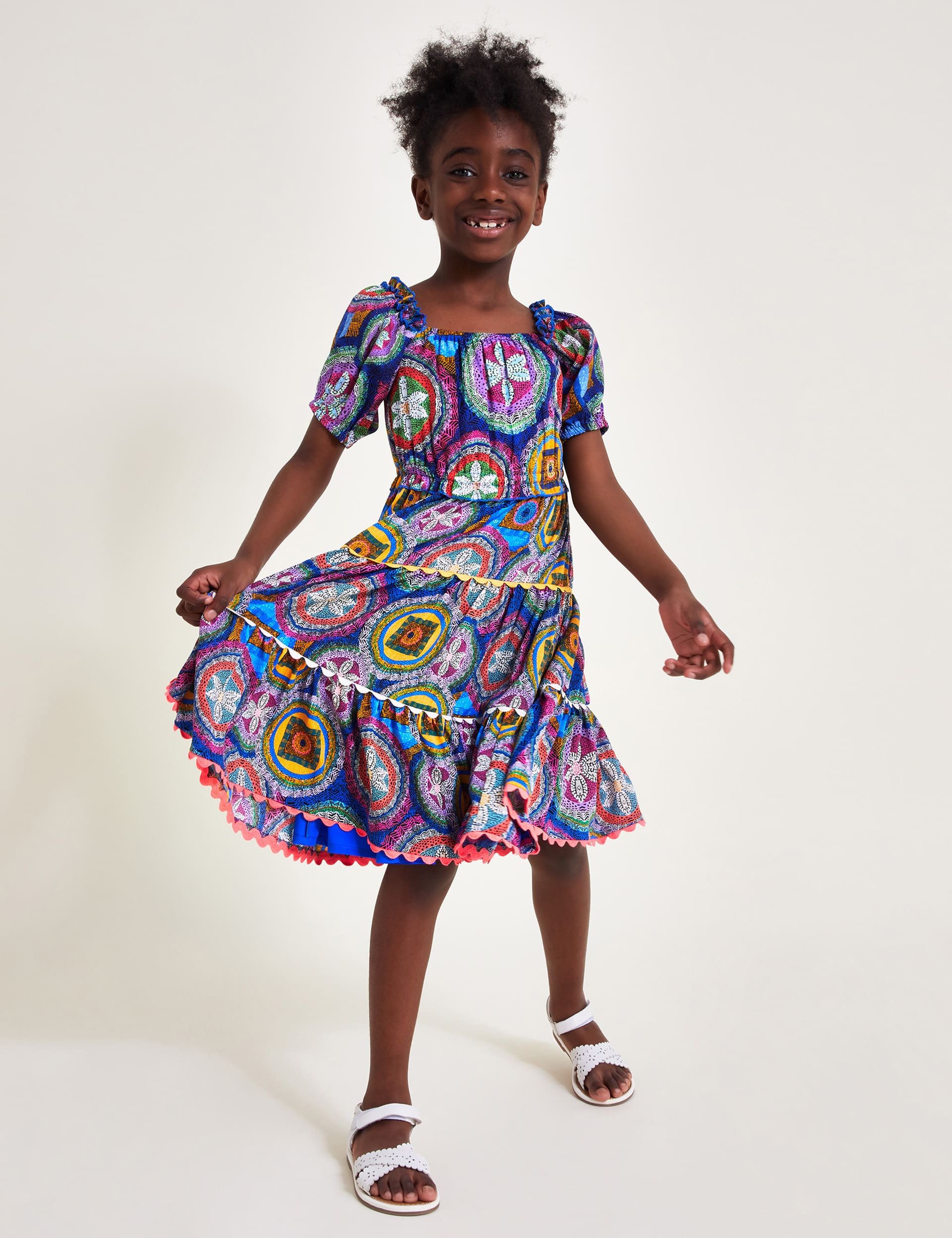 Monsoon Girls Printed Dress (3-15 Yrs) - 3y - Blue Mix, Blue Mix