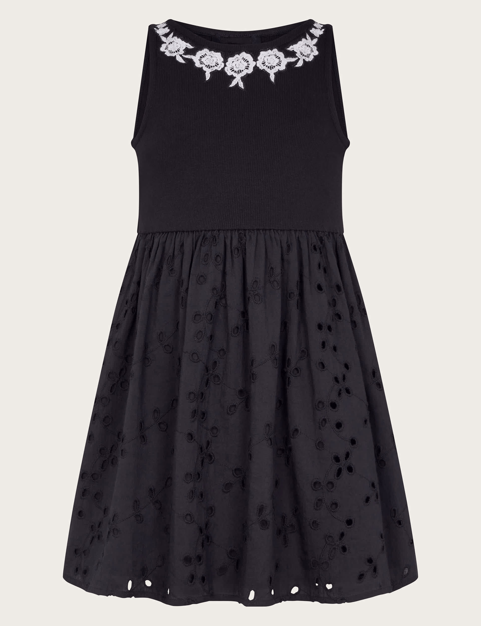 Monsoon Girls Cotton Rich Broderie Dress (3-13 Yrs) - 9-10Y - Black Mix, Black Mix