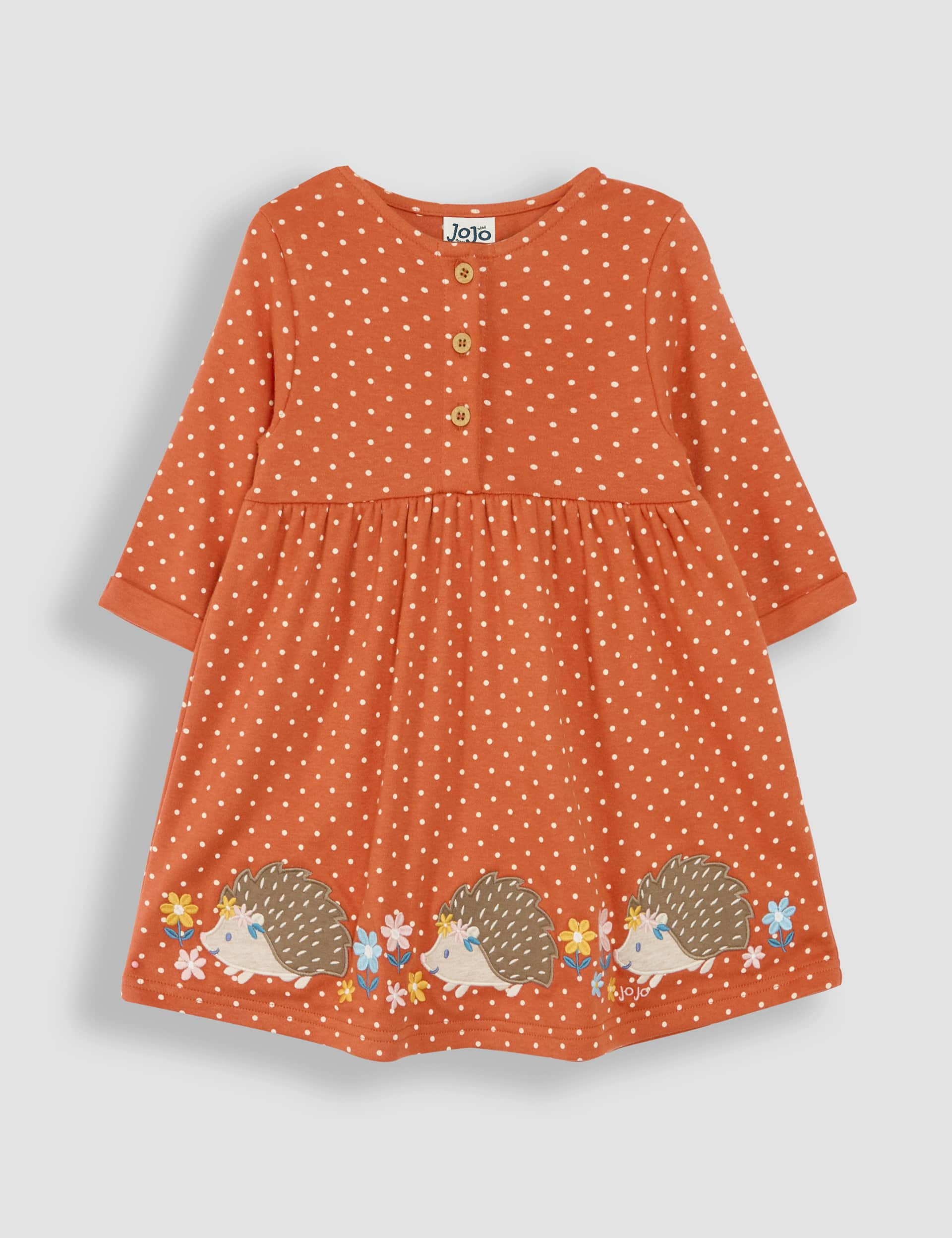 Jojo Maman Bb Girls Pure Cotton Hedgehog Appliqu Dress (6 Mths - 6 Yrs) - 2-3 Y - Orange Mix, Ora