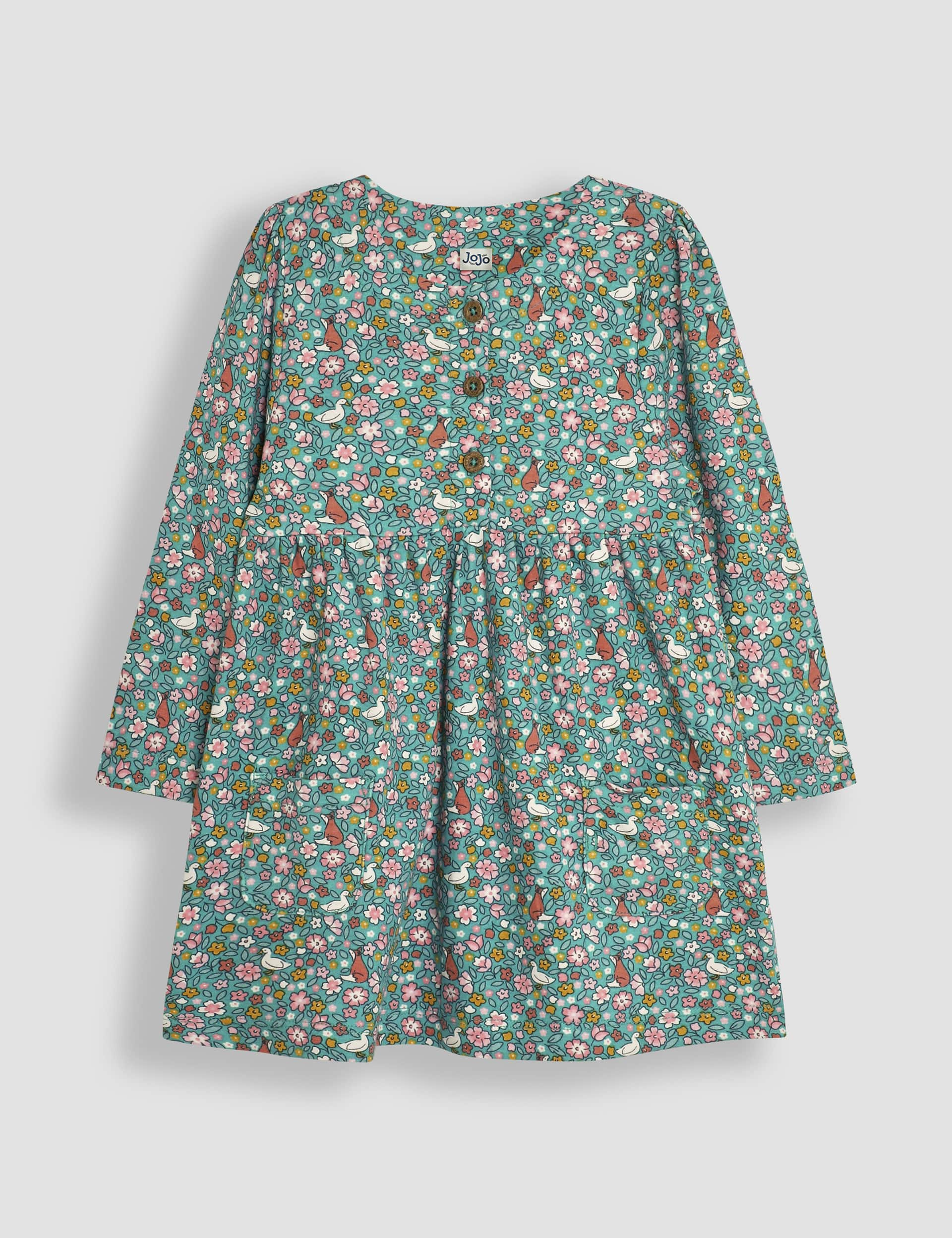 Jojo Maman Bb Girls Pure Cotton Floral Duck Fox Dress (6 Mths-6 Yrs) - 2-3 Y - Dark Green Mix, Dar