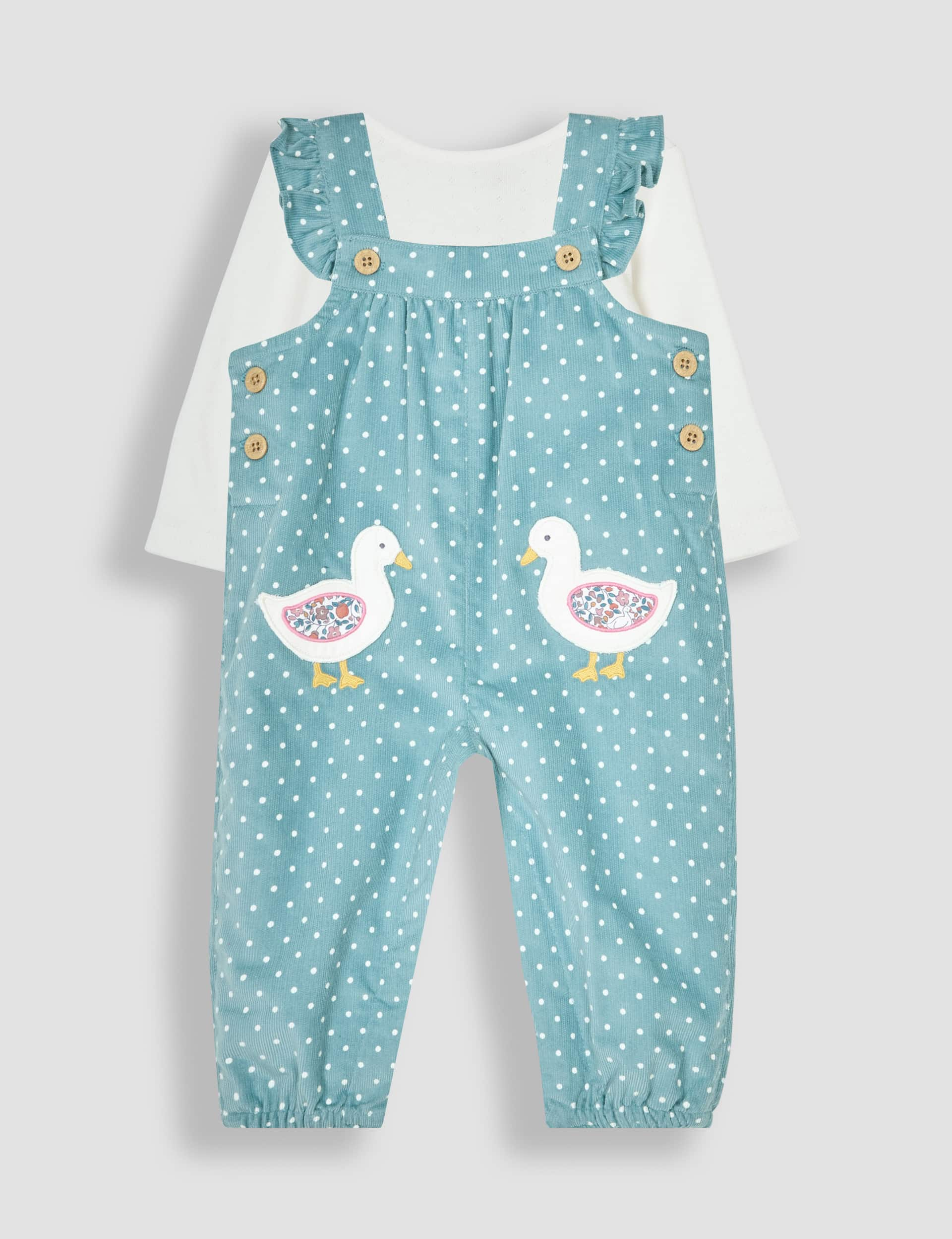 Jojo Maman Bb Girls 2pc Pure Cotton Duck Applique Outfit (0-24 Mths) - 6-12M - Duck Egg, Duck Egg