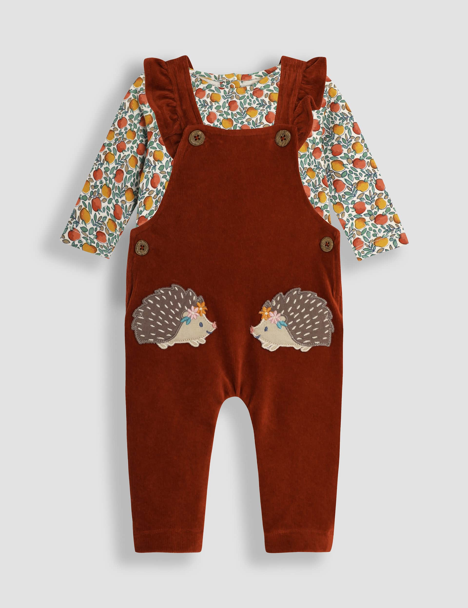 Jojo Maman Bb Girls 2pc Velour Hedgehog Dungarees Set (0-24 Mths) - 6-12M - Dark Orange, Dark Oran