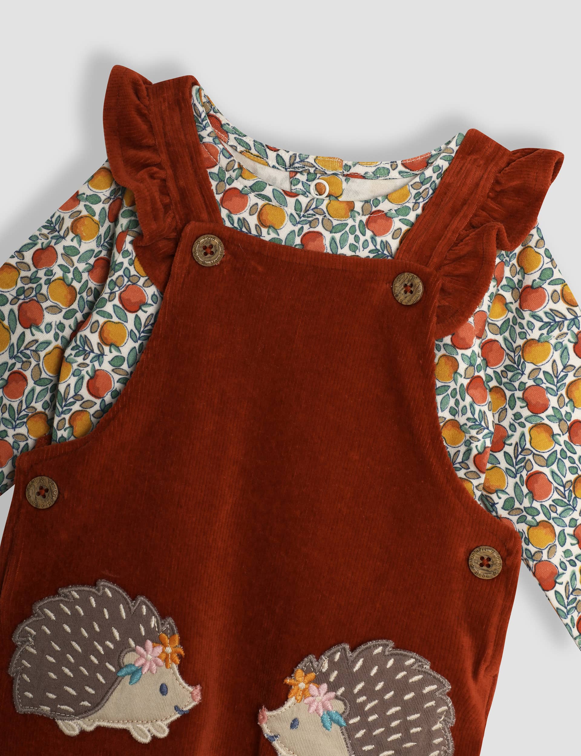 Jojo Maman Bb Girls 2pc Velour Hedgehog Dungarees Set (0-24 Mths) - 6-12M - Dark Orange, Dark Oran