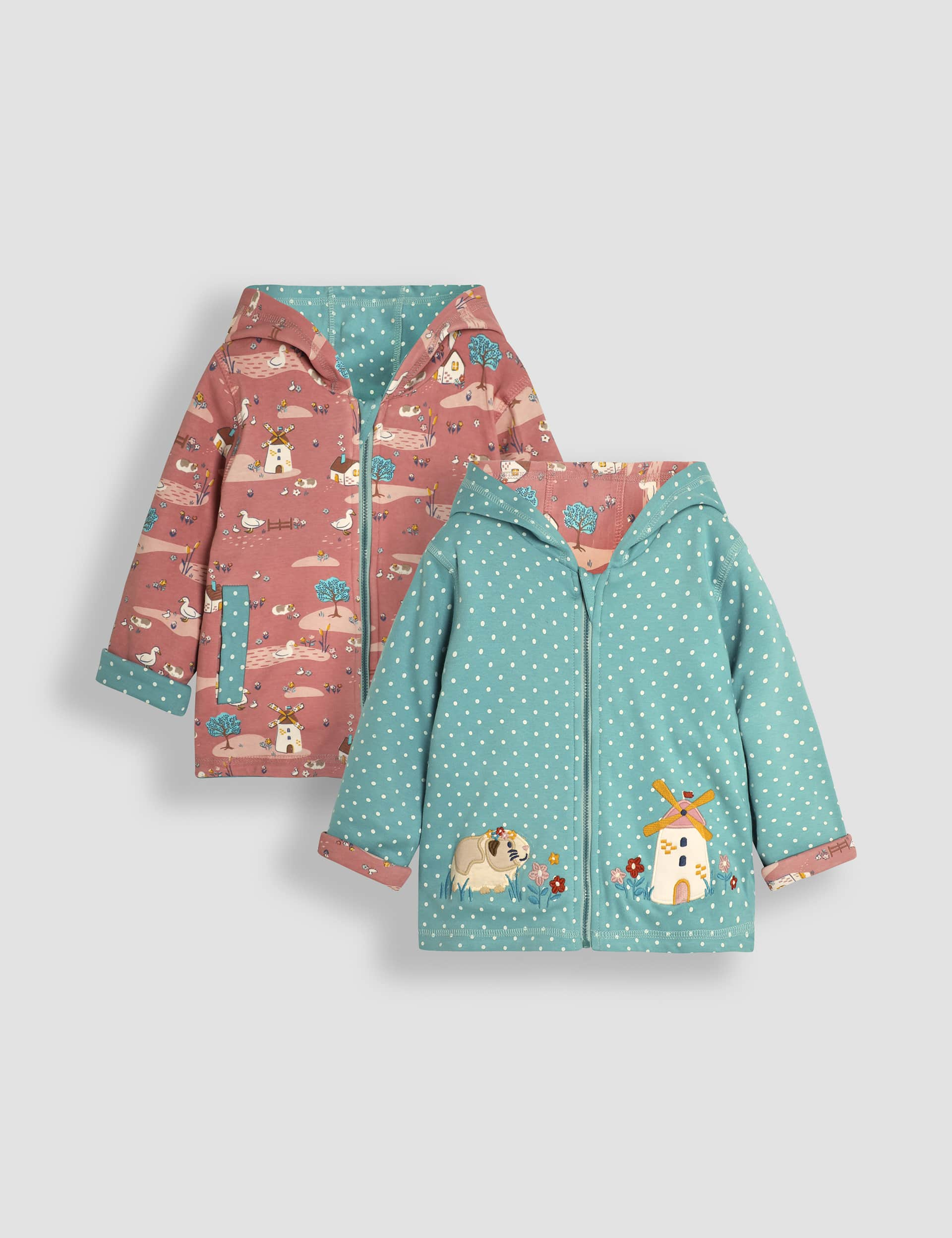 Jojo Maman Bb Girls Pure Cotton Reversible Appliqu Hoodie (6 Mths-6 Yrs) - 2-3 Y - Duck Egg, Duck